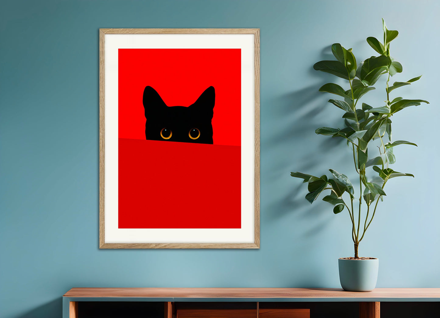 Poster with natural wood frame: Cat behind a red wall