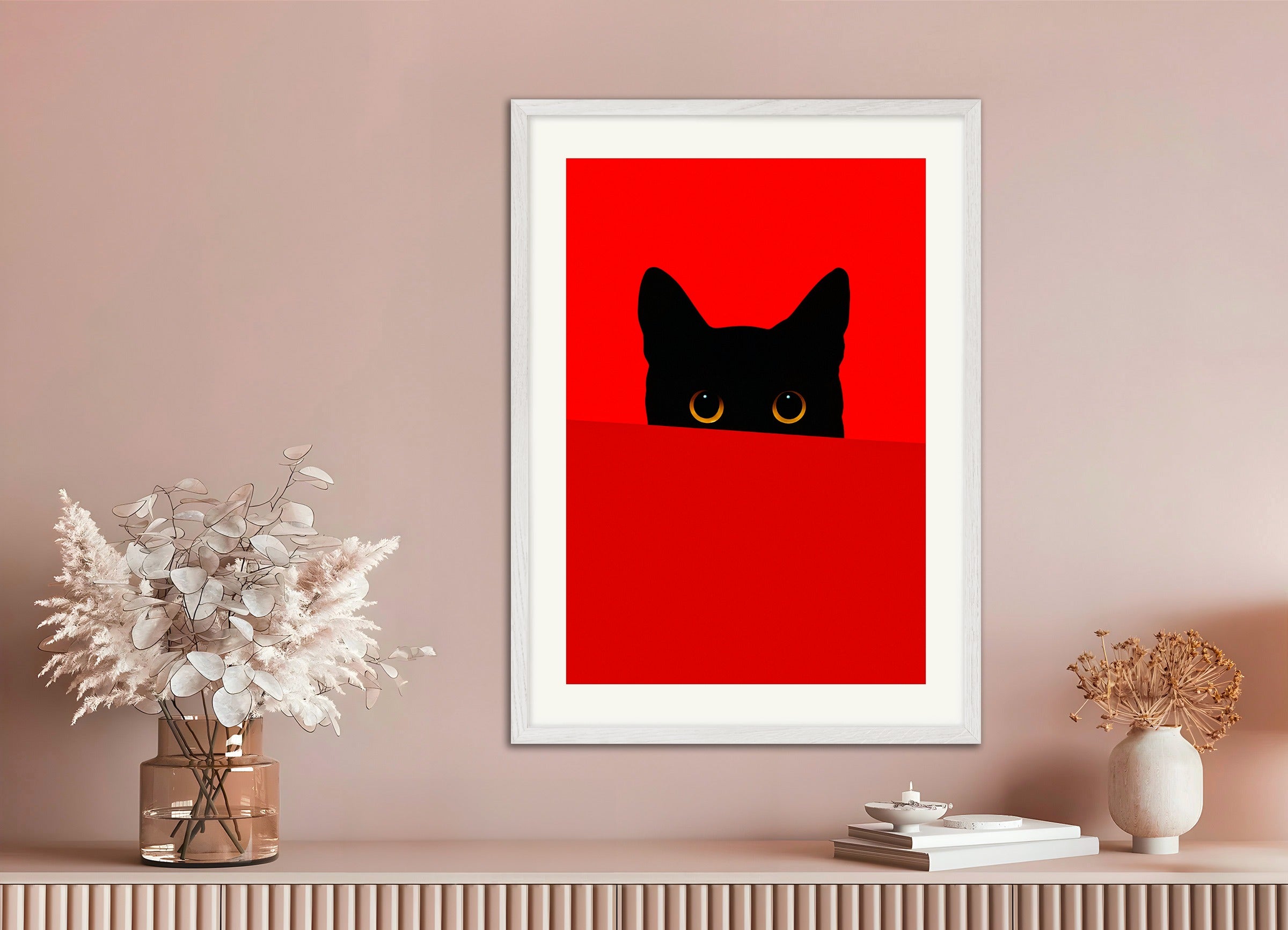 Poster with white wood frame: Cat behind a red wall