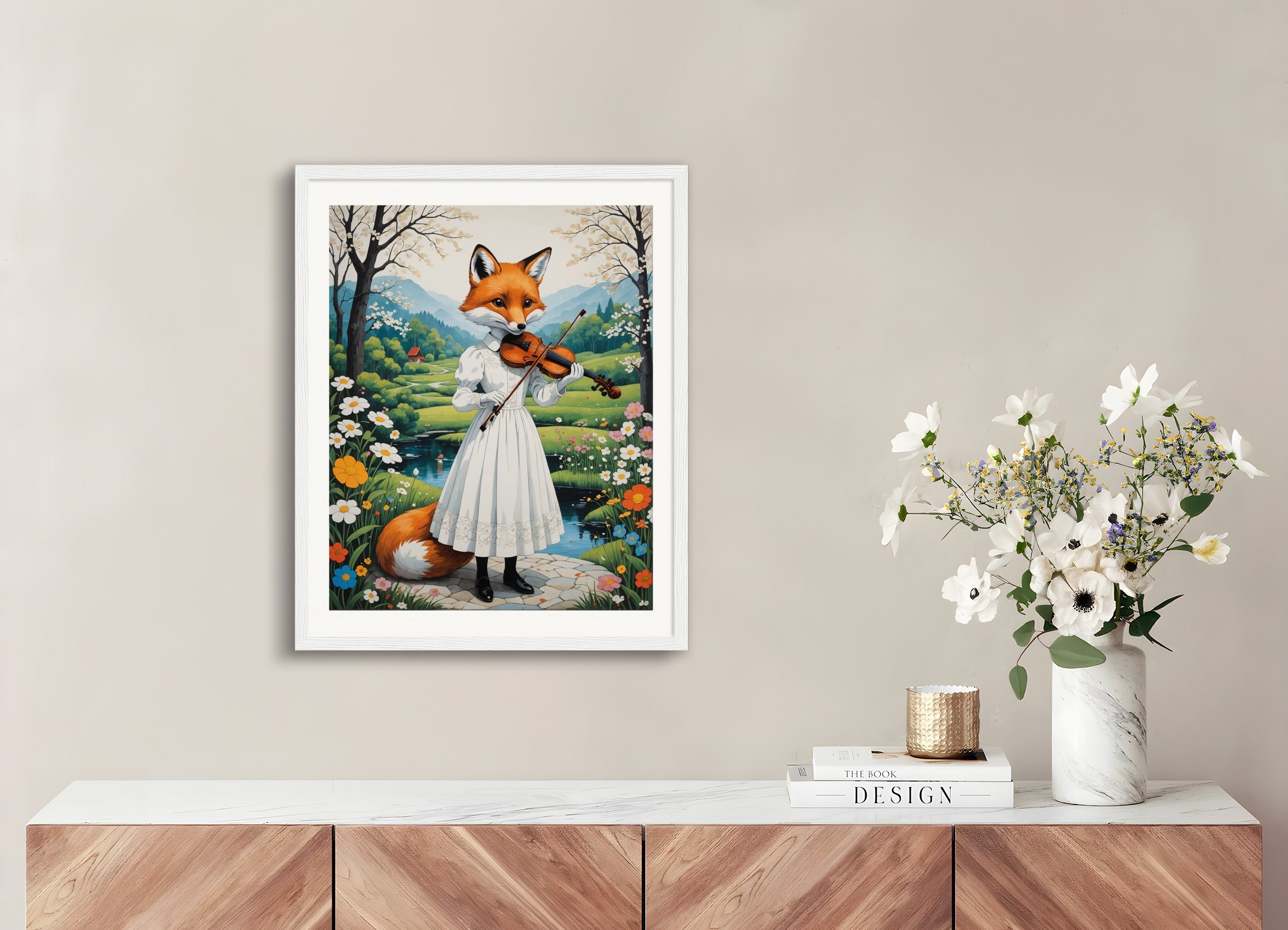 Poster with wood frame: Contemporary Japanese kawaii artist, fox in a white dress plays the violin