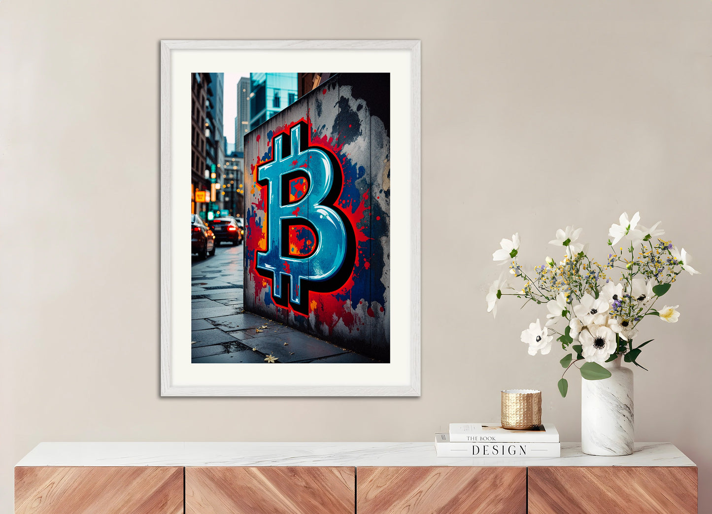 Poster with white wood frame: Bitcoin Street Art