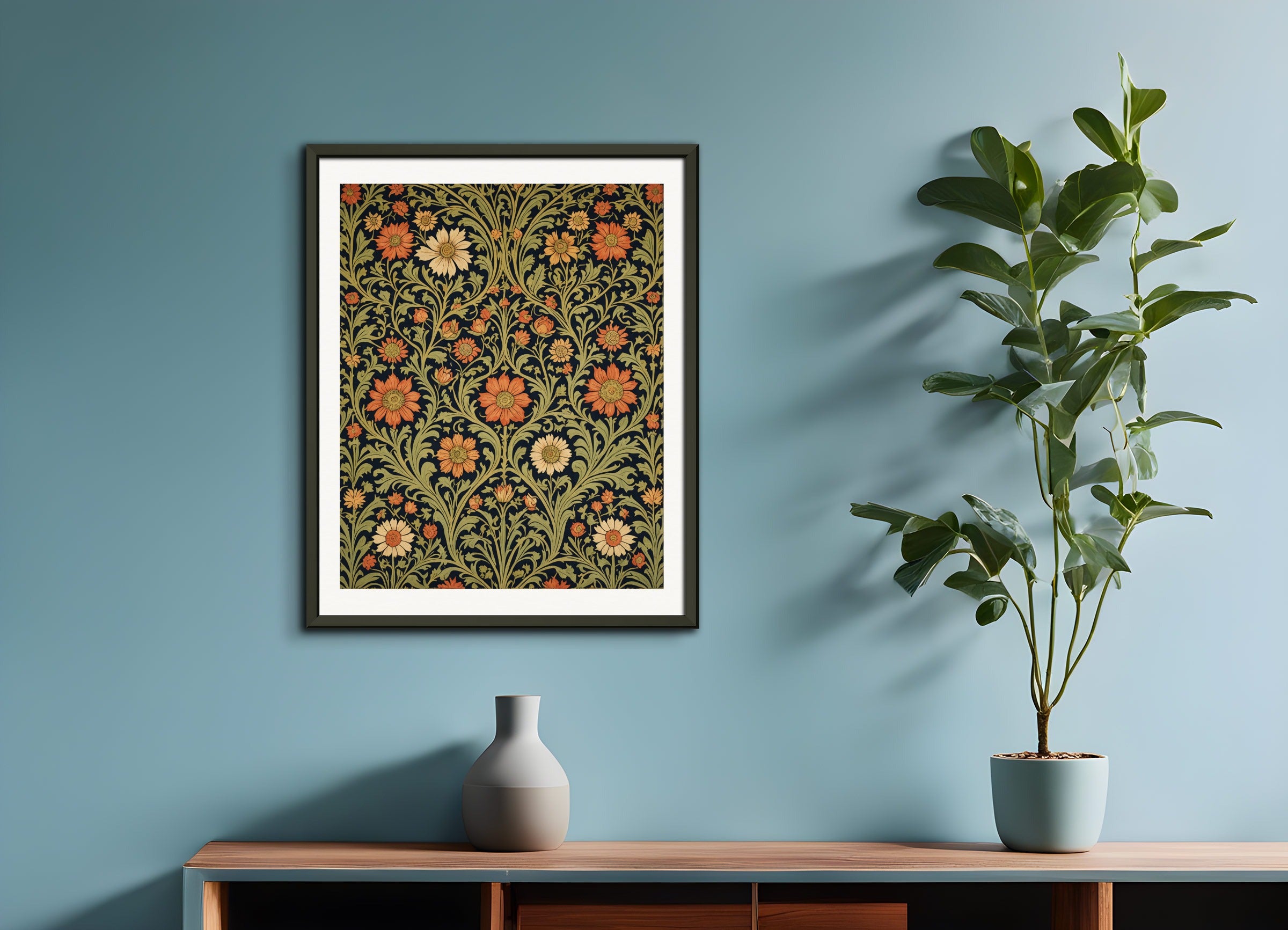 Poster with metal frame: Motifs, floral decoration of 19th century English crafts, tapestry