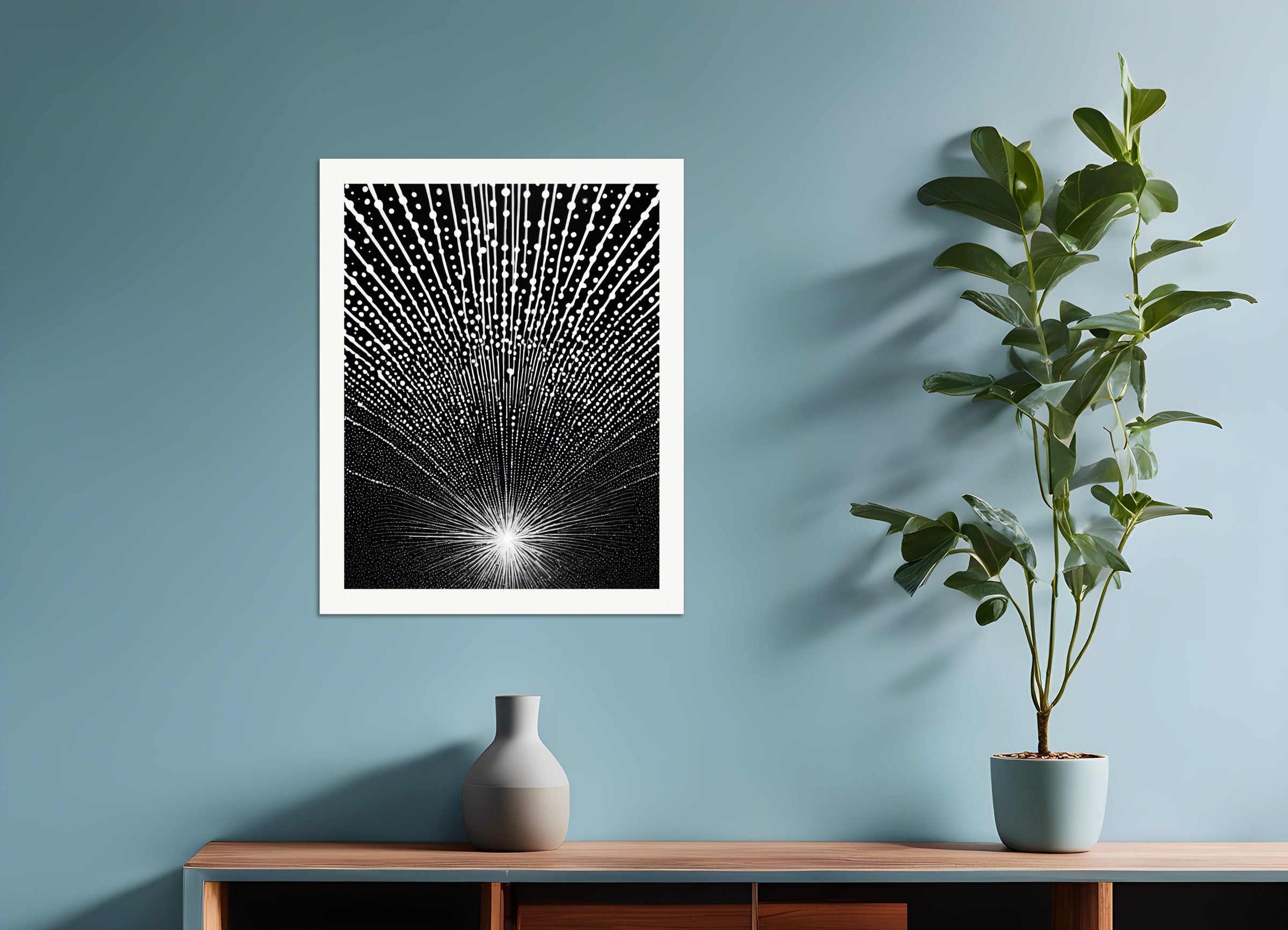 Poster: Black and white, cosmic pointillism, bursts of light, Fields