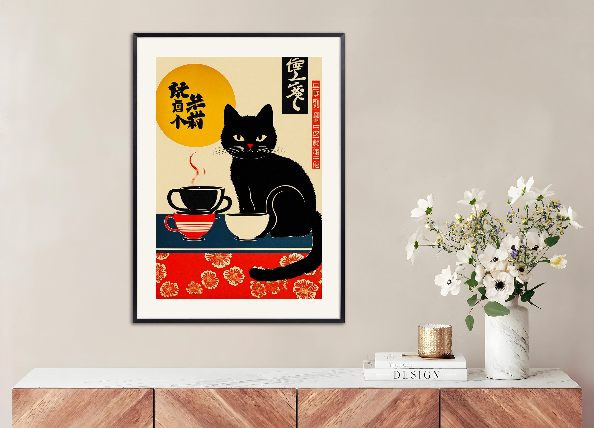 Poster with metal frame: A black cat with coffee cups, vintage japanese style