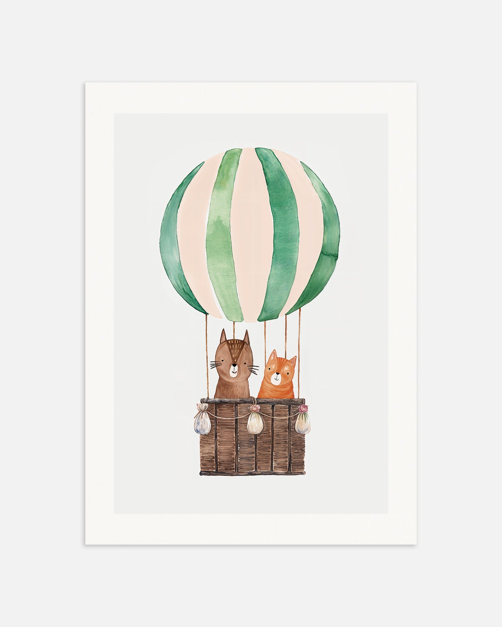 Poster: Two cats travel in a hot air balloon, none