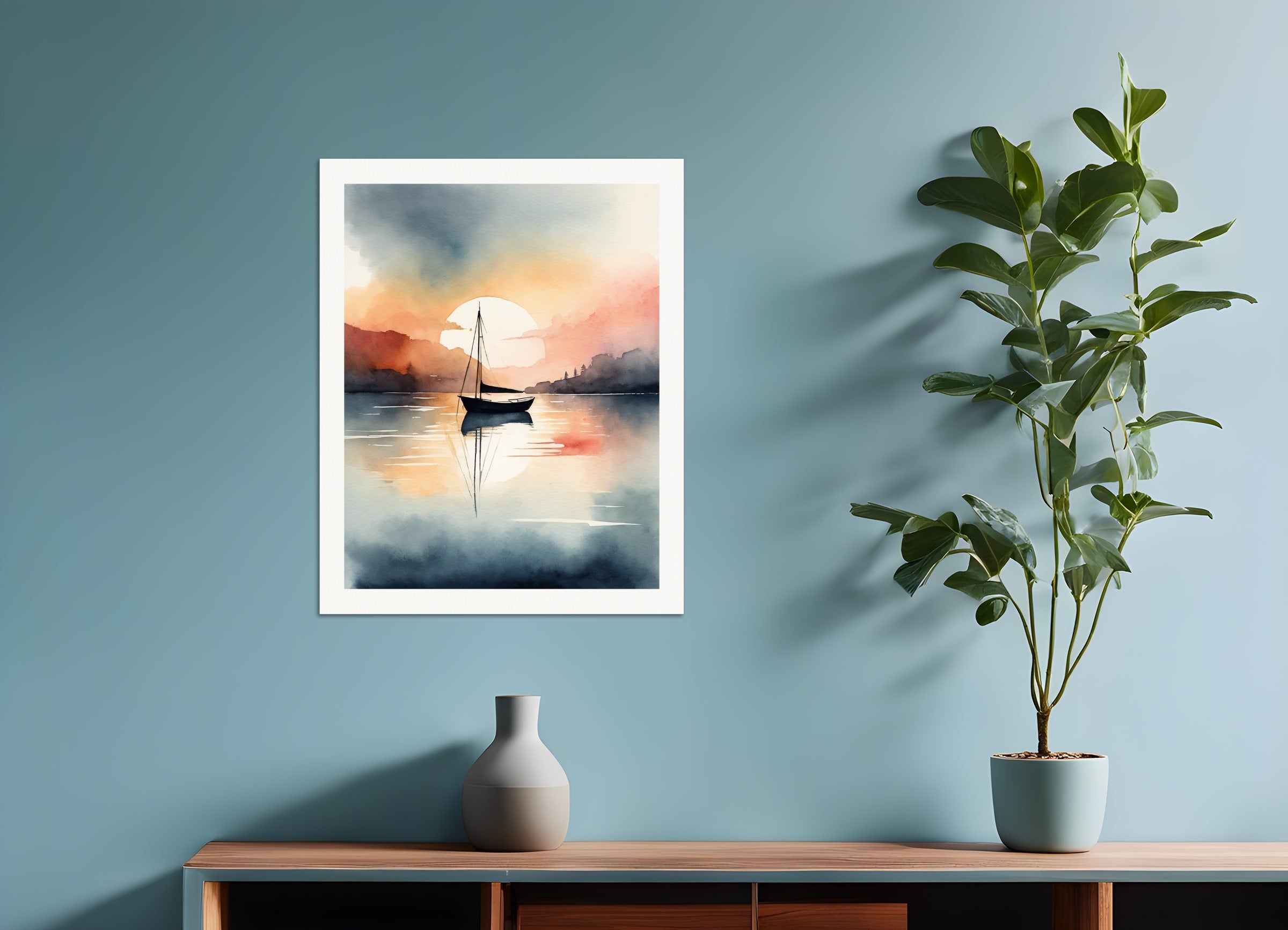 Poster: Abstract watercolor illustration using a gradient of colors, Boat