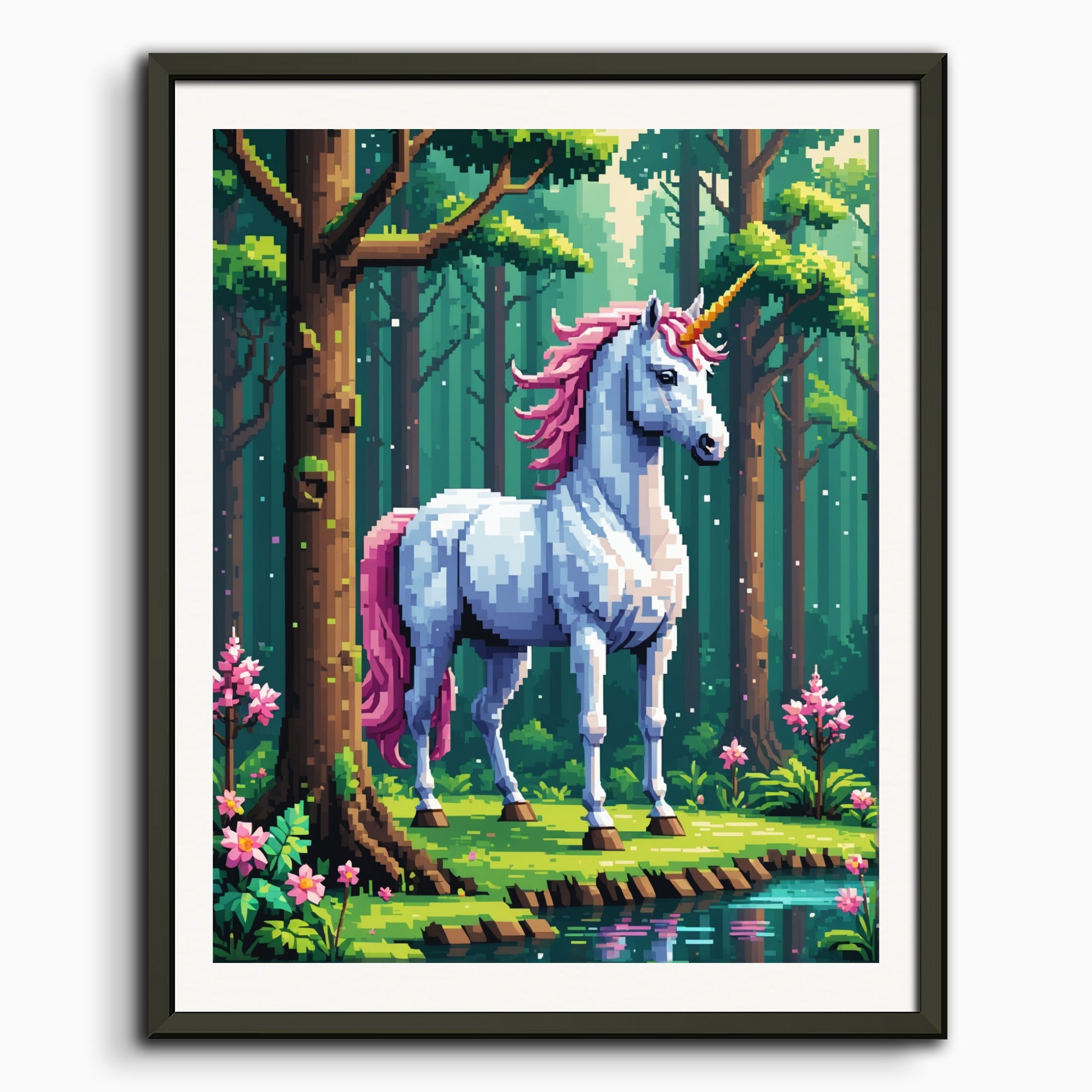 Poster: Pixel Art, Unicorn in the magical forest