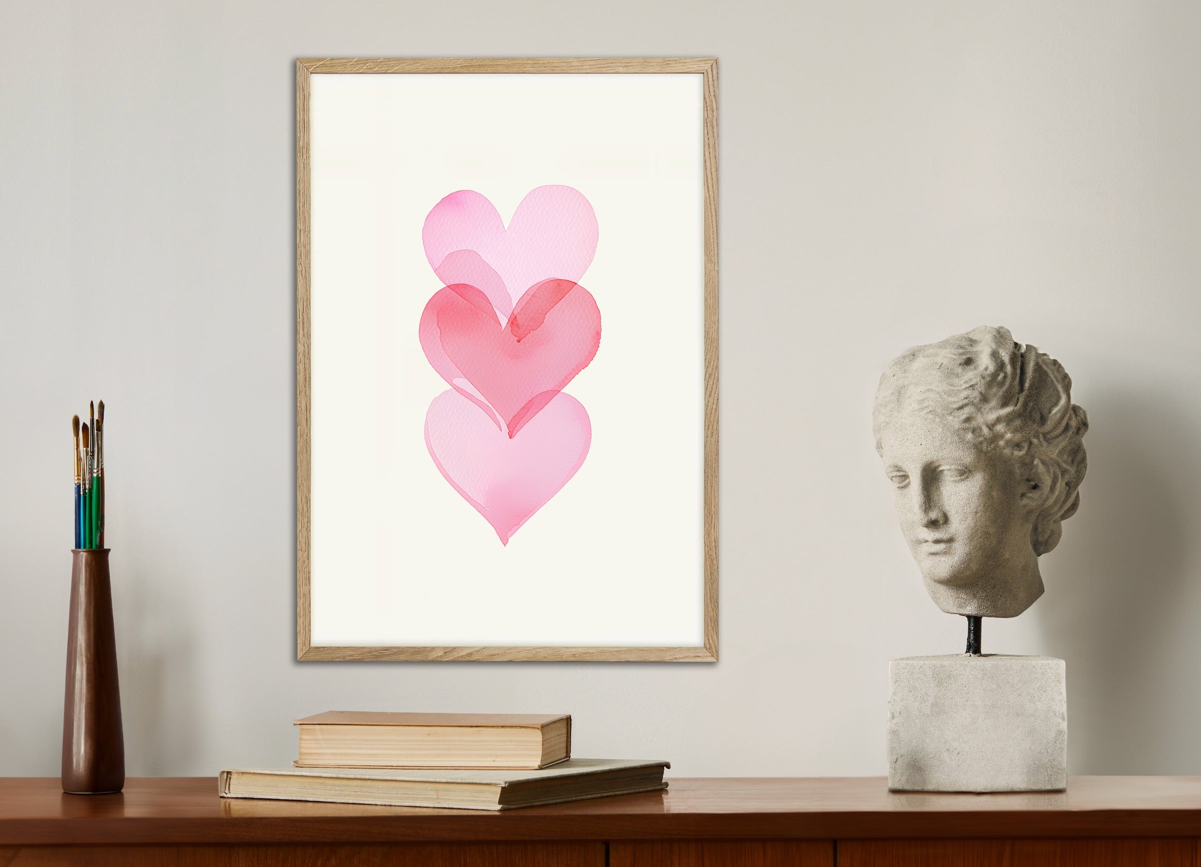 Poster with natural wood frame: Watercolour romantic hearts