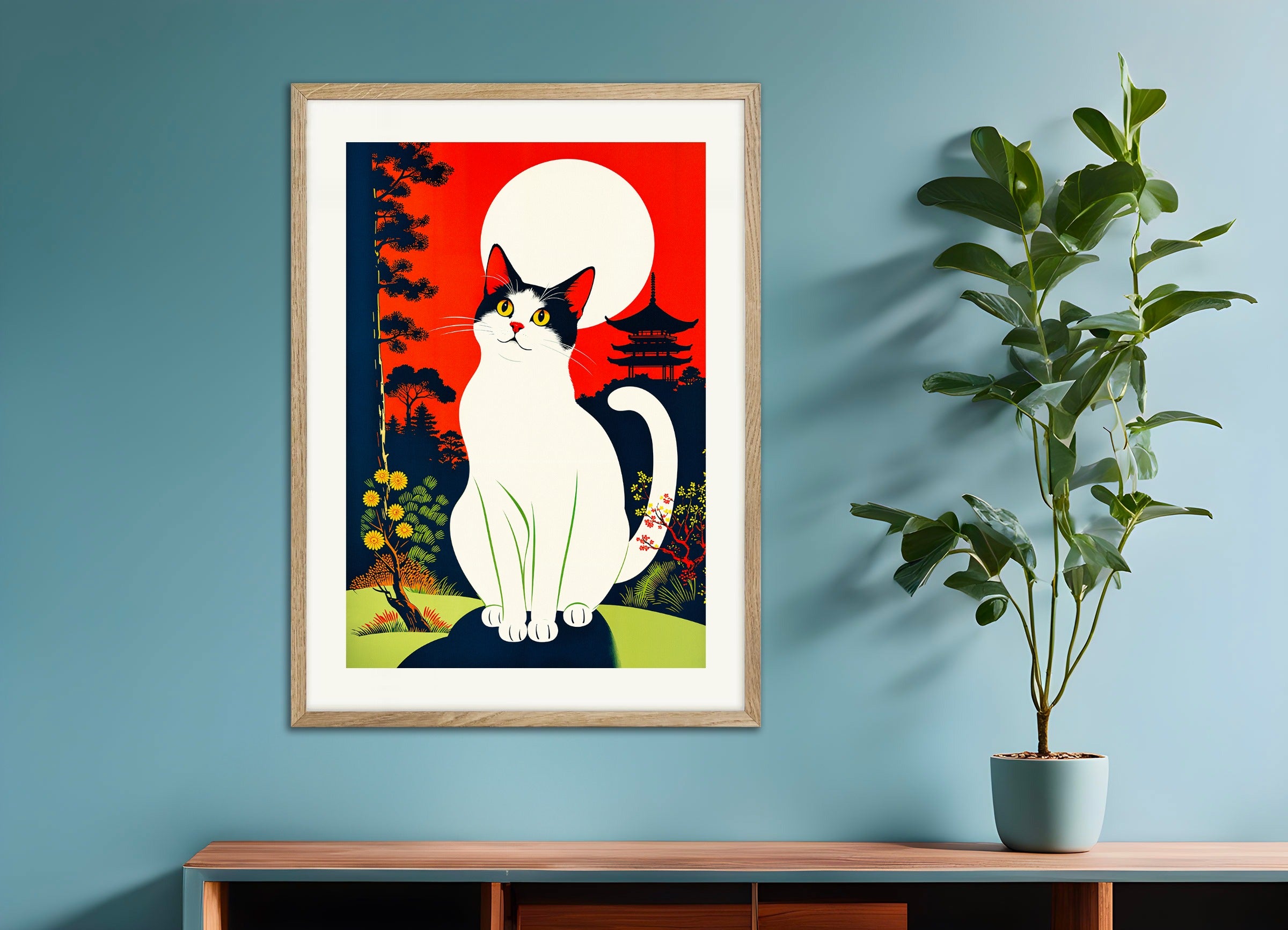 Poster with natural wood frame: The Cat and the Moon