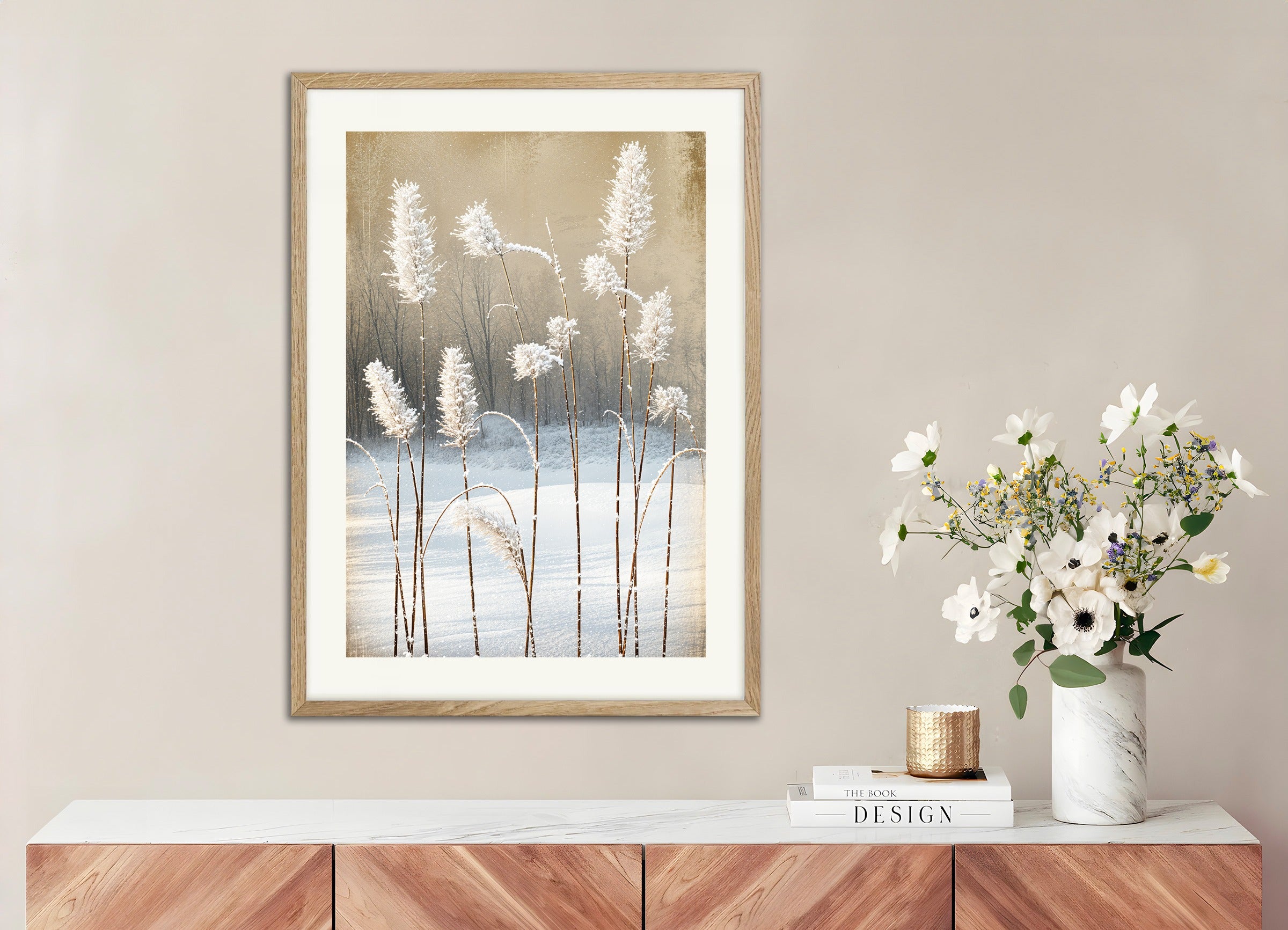 Poster with natural wood frame: Snow frosted straws