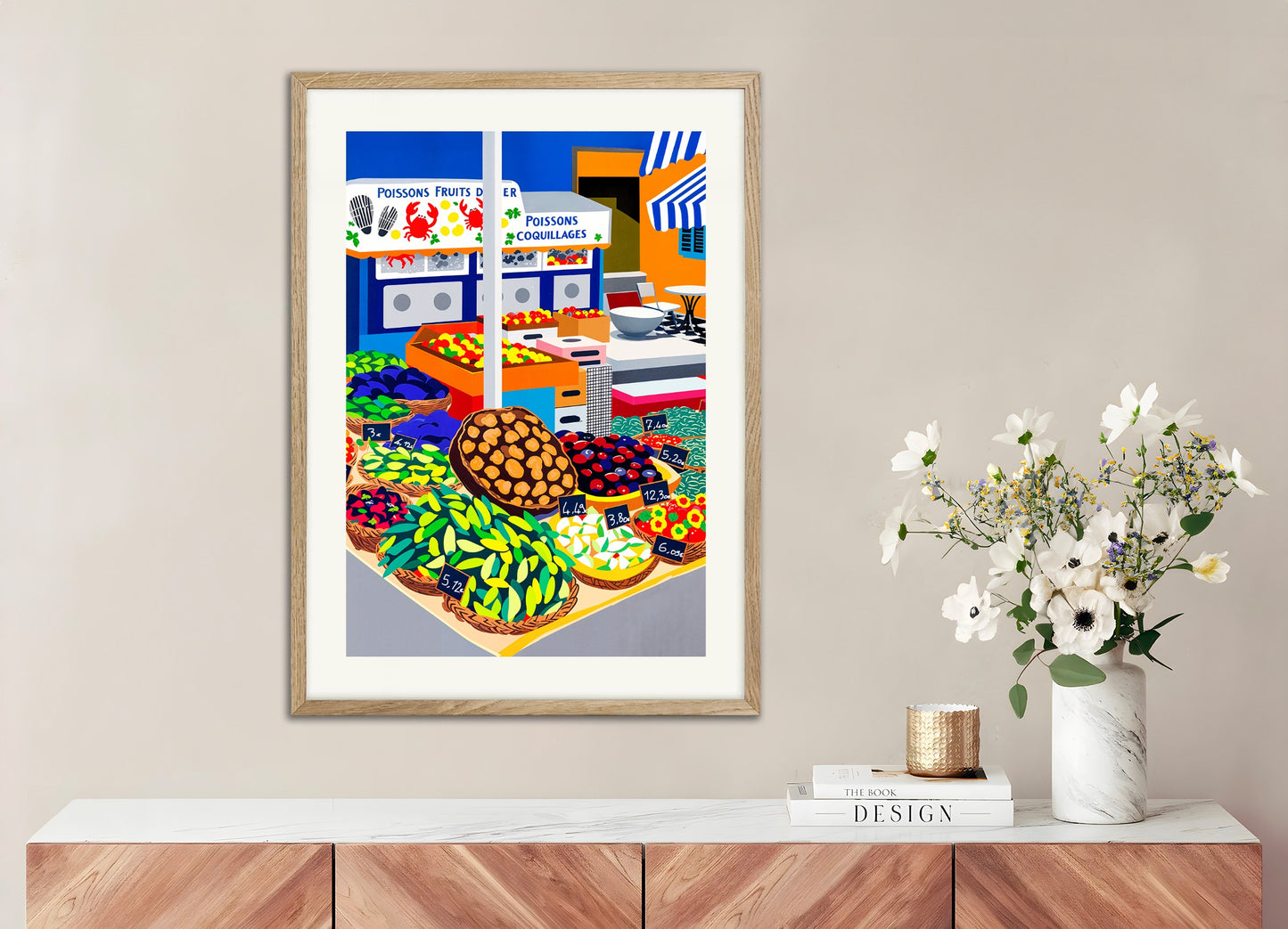 Poster with natural wood frame: Market and fishmonger