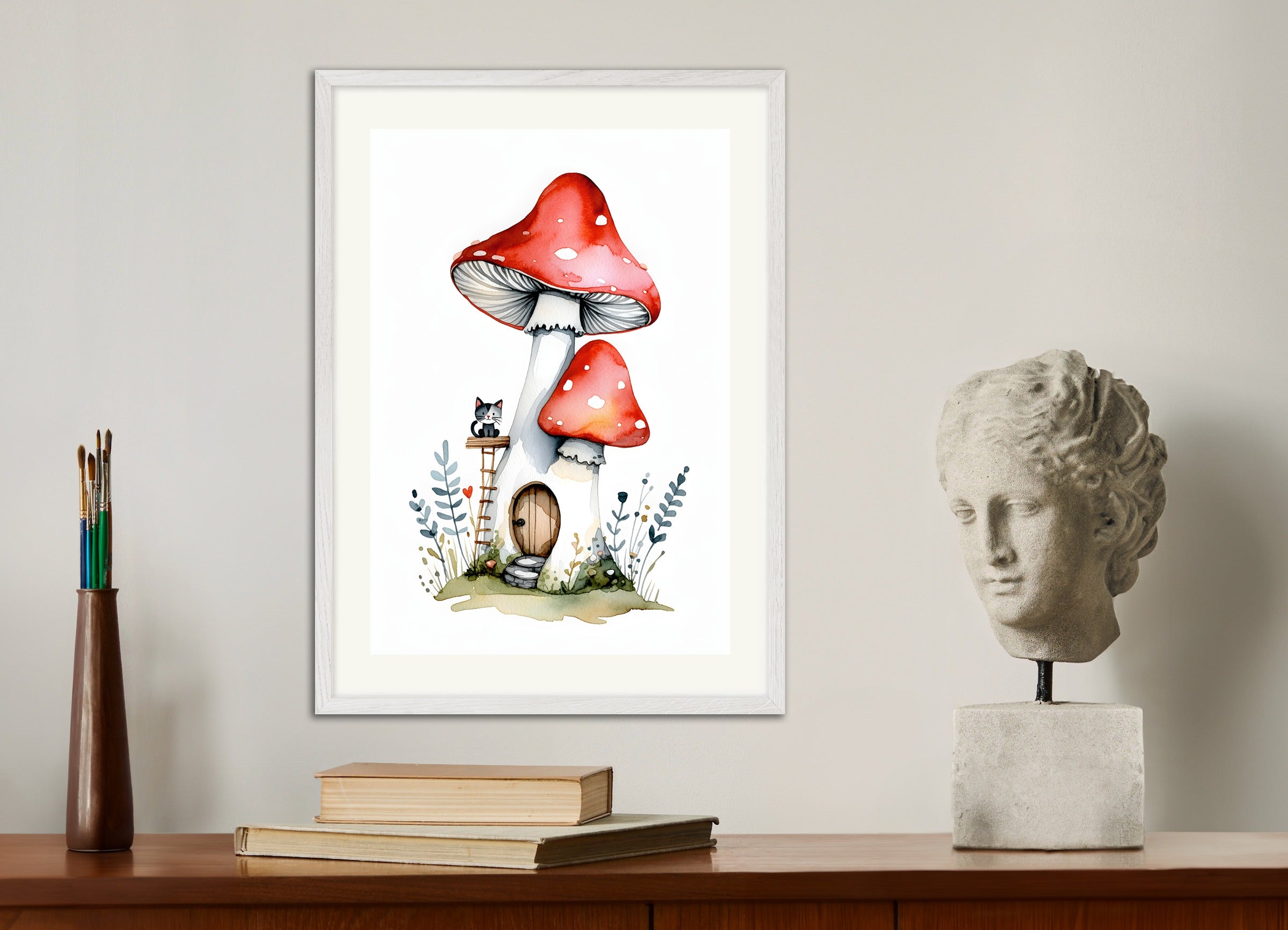 Poster with white wood frame: The Mushroom House 02