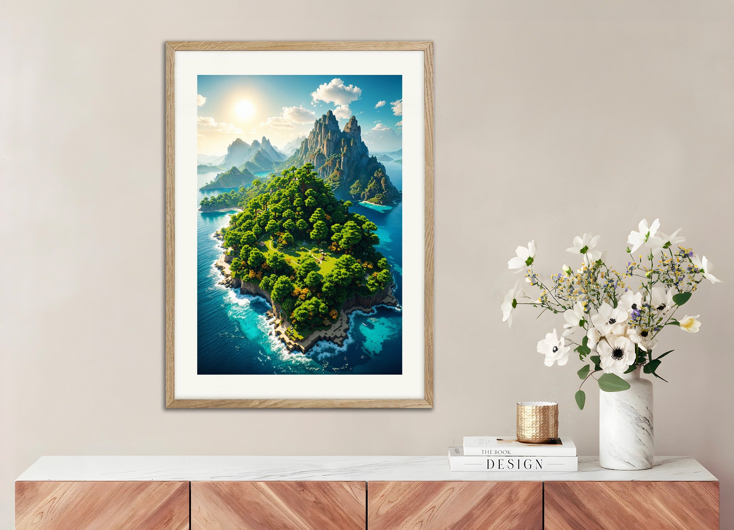 Poster with natural wood frame: Minecraft, Island