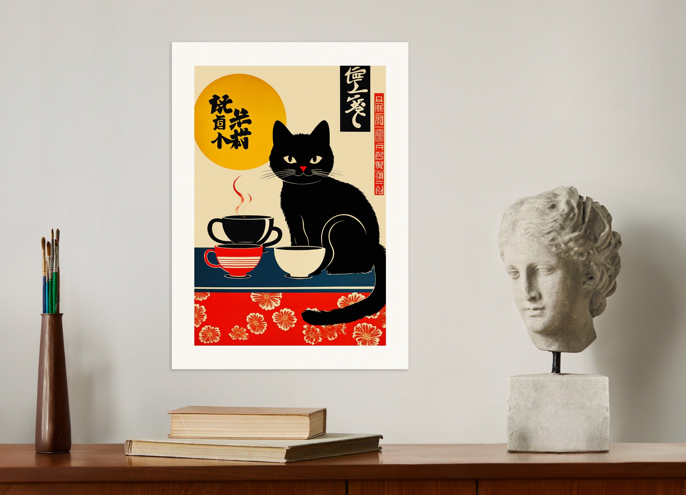 Poster: A black cat with coffee cups, vintage japanese style, none