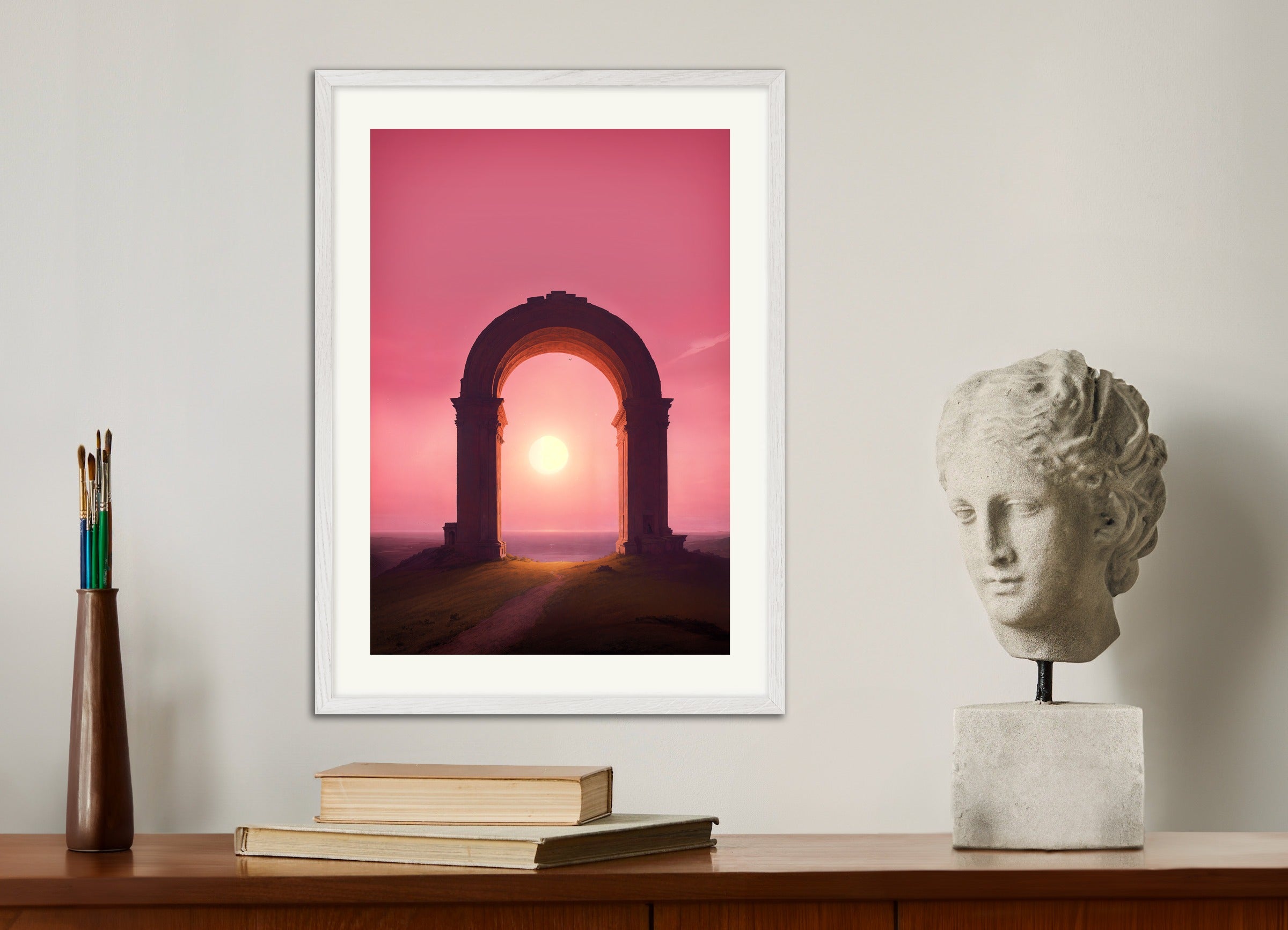 Poster with wood frame: The Dying Sun Falling Asleep Under an Arch, Charles Baudelaire