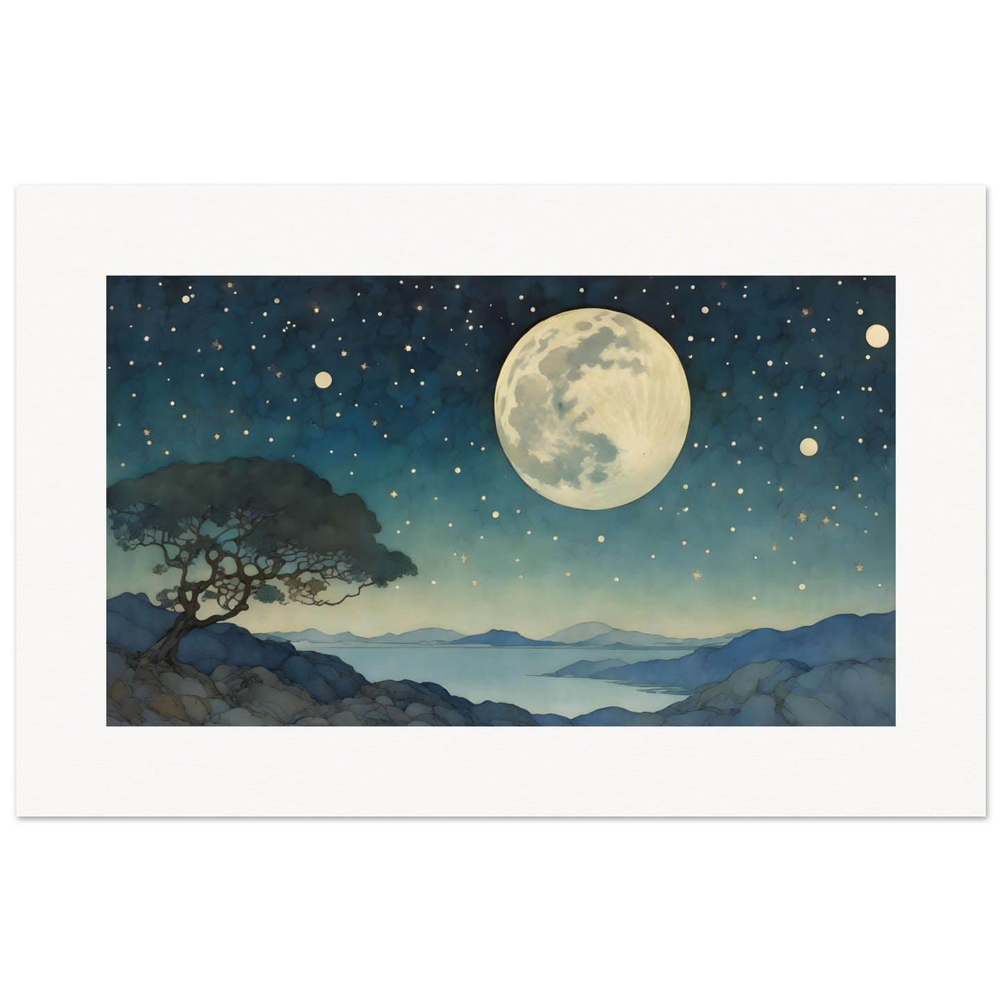 Enchanting illustration, Moon and starry sky - Poster