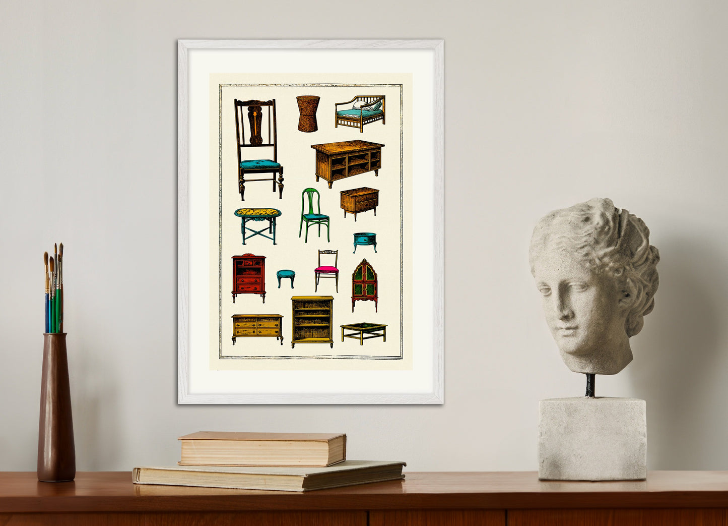 Poster with white wood frame: Flea market poster, furniture and objects