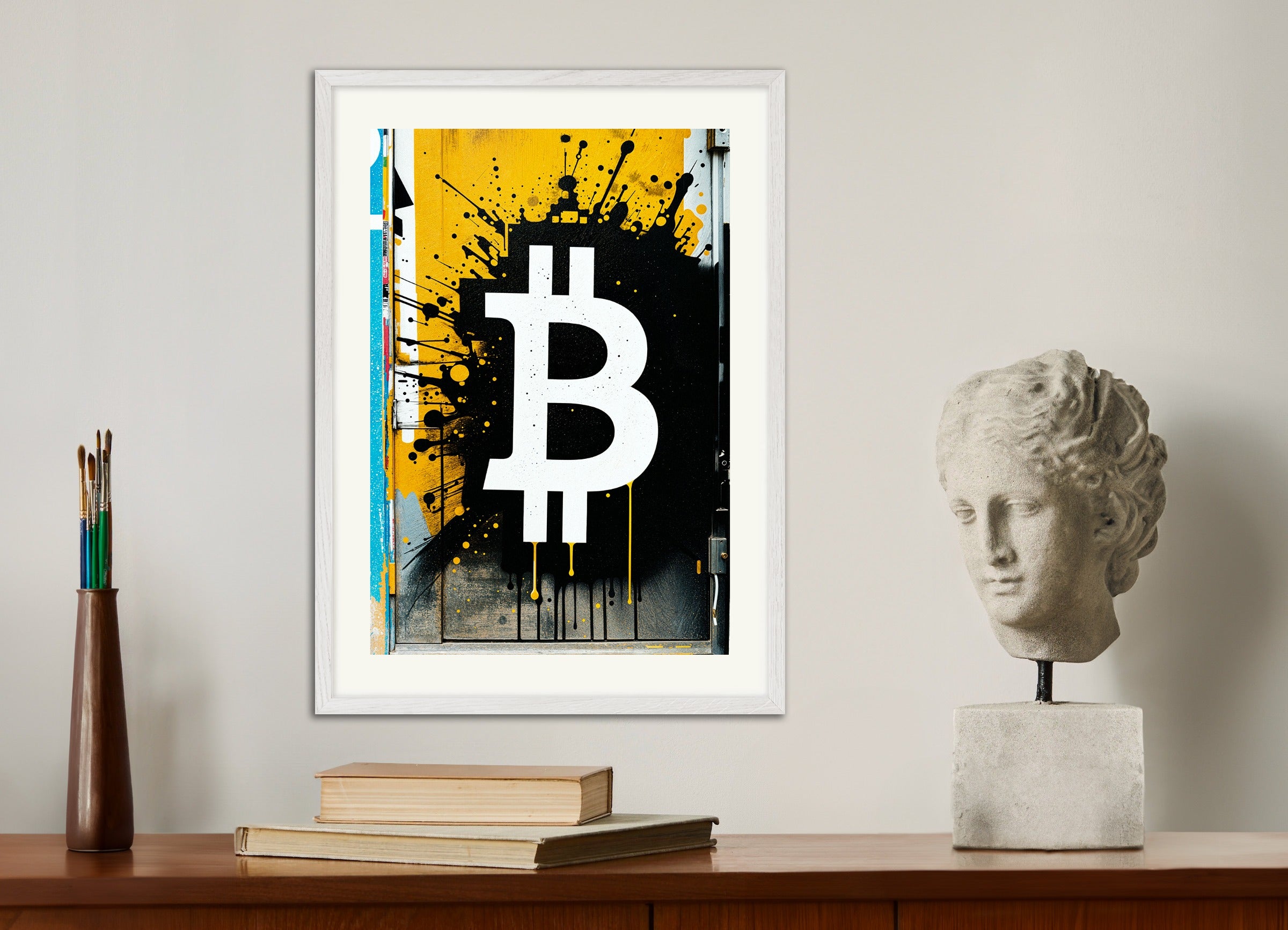 Poster with white wood frame: Bitcoin, Street Art Wall