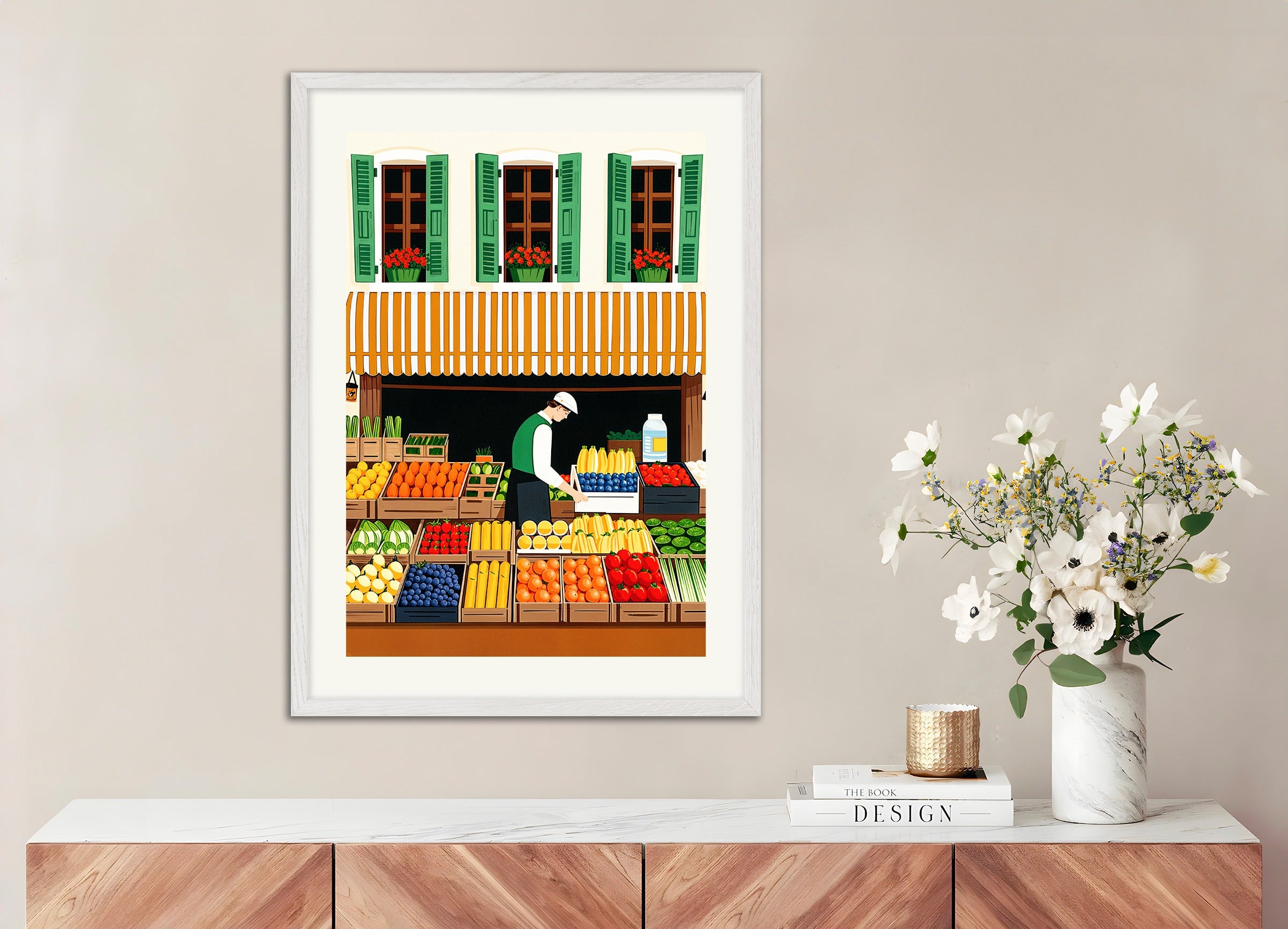 Poster with white wood frame: Market poster, fruits and vegetables