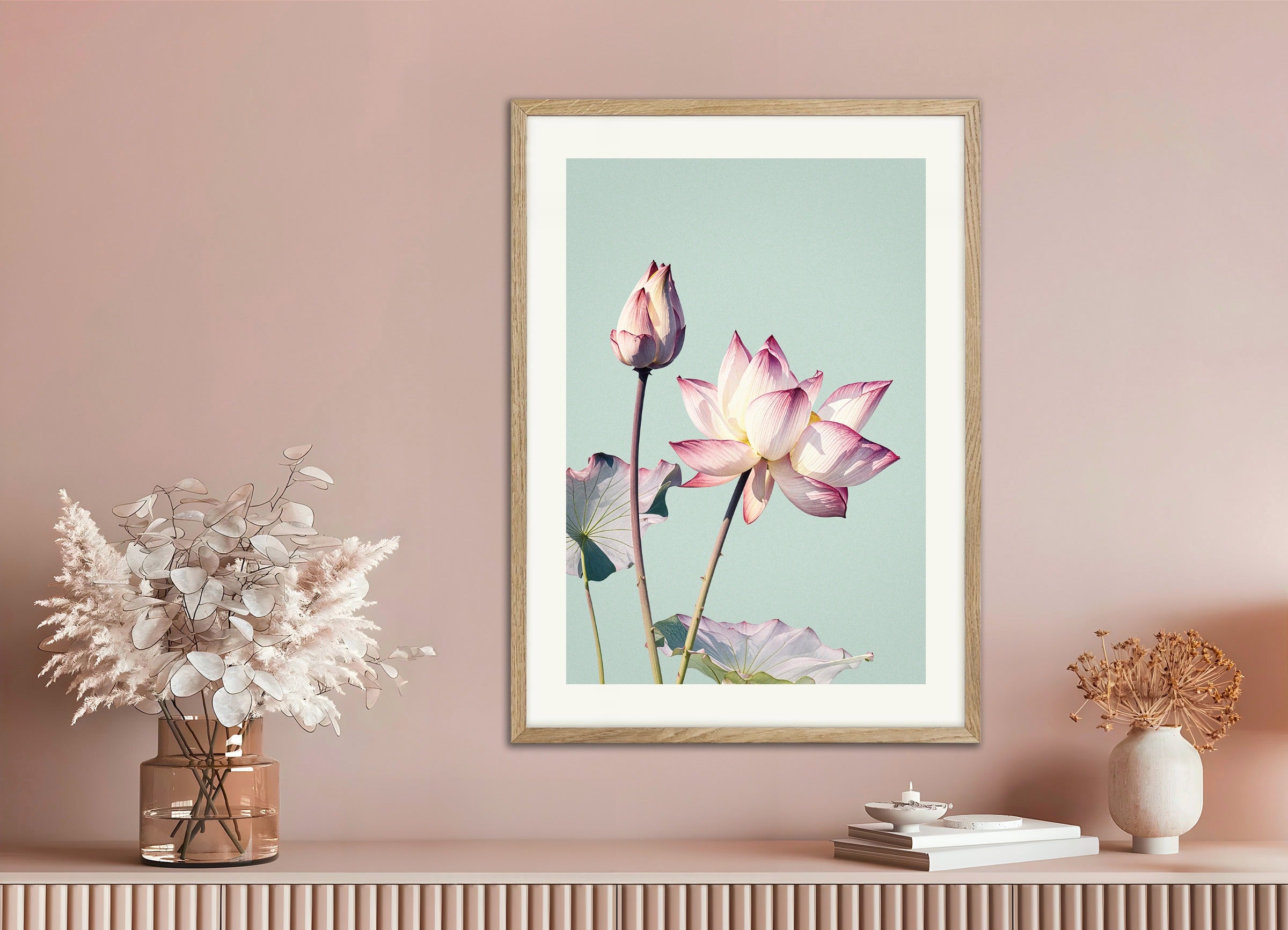 Poster with natural wood frame: Lotus flower, vintage