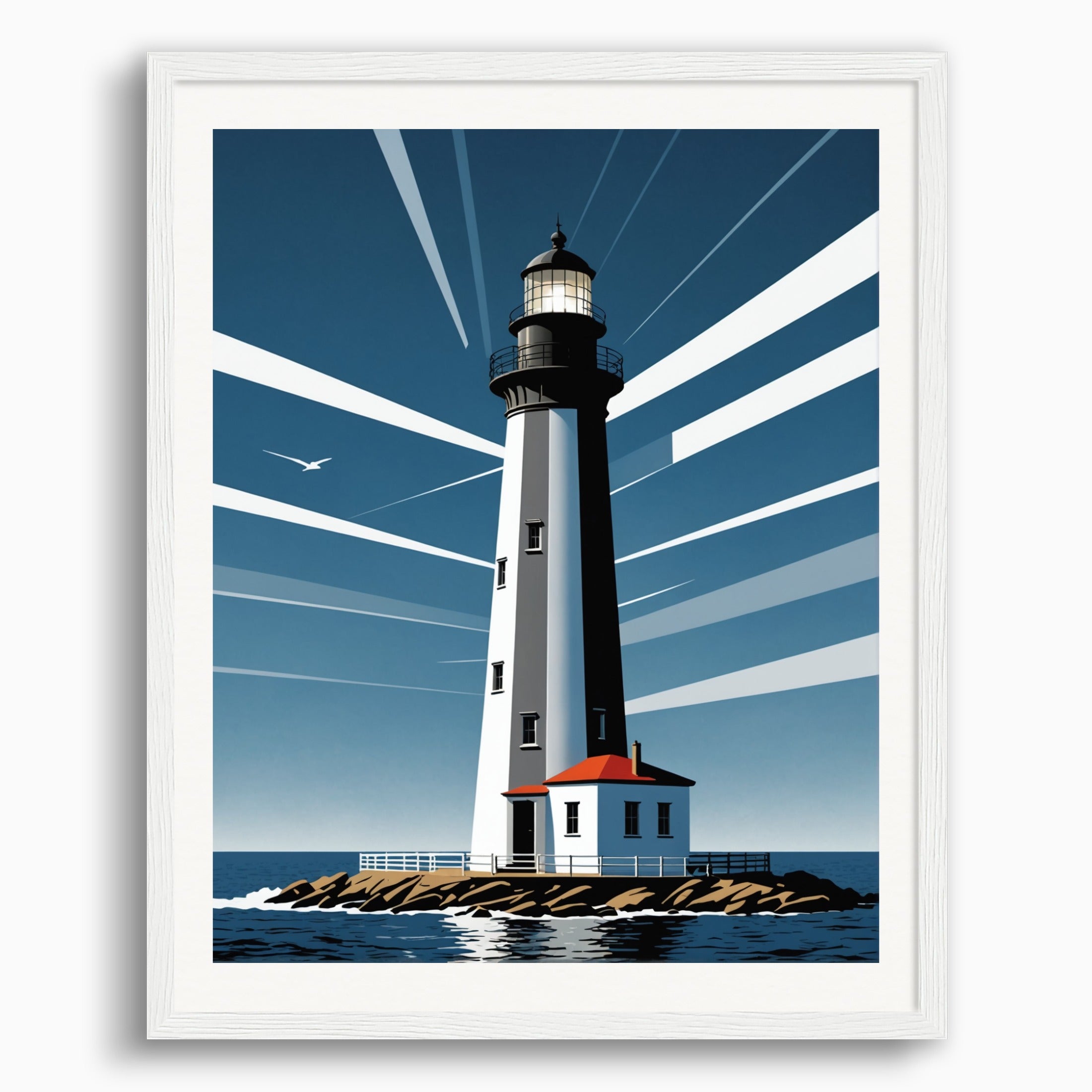 Poster: Clean and functional style characterized by the use of geometry, restrained color palettes, Lighthouse