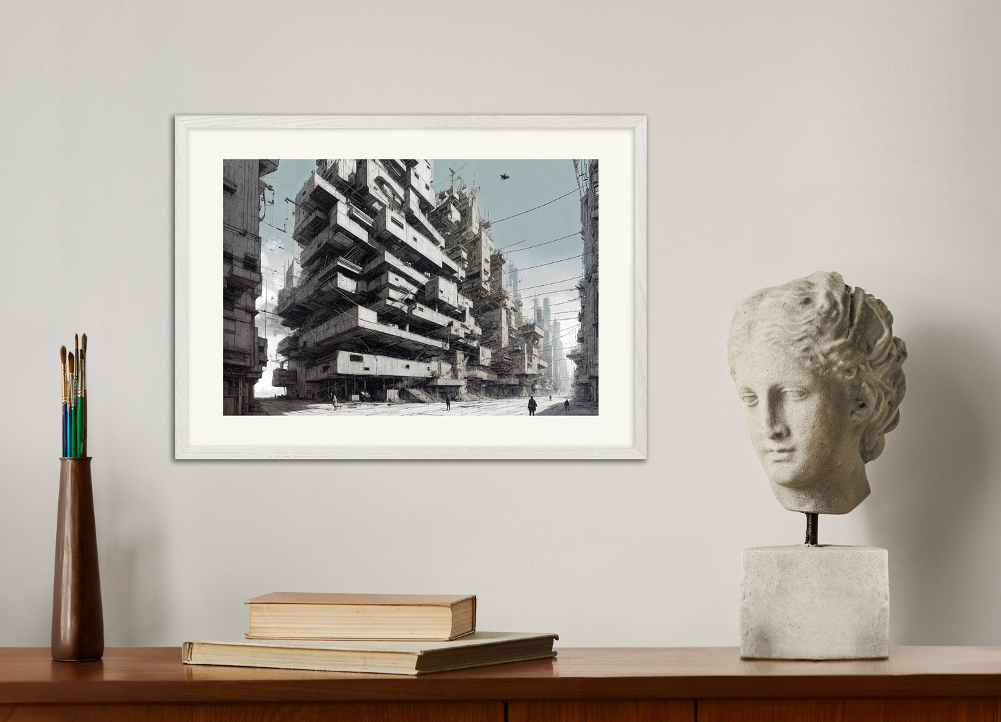 Poster with white wood frame: Brutalist architecture, cybernetic city