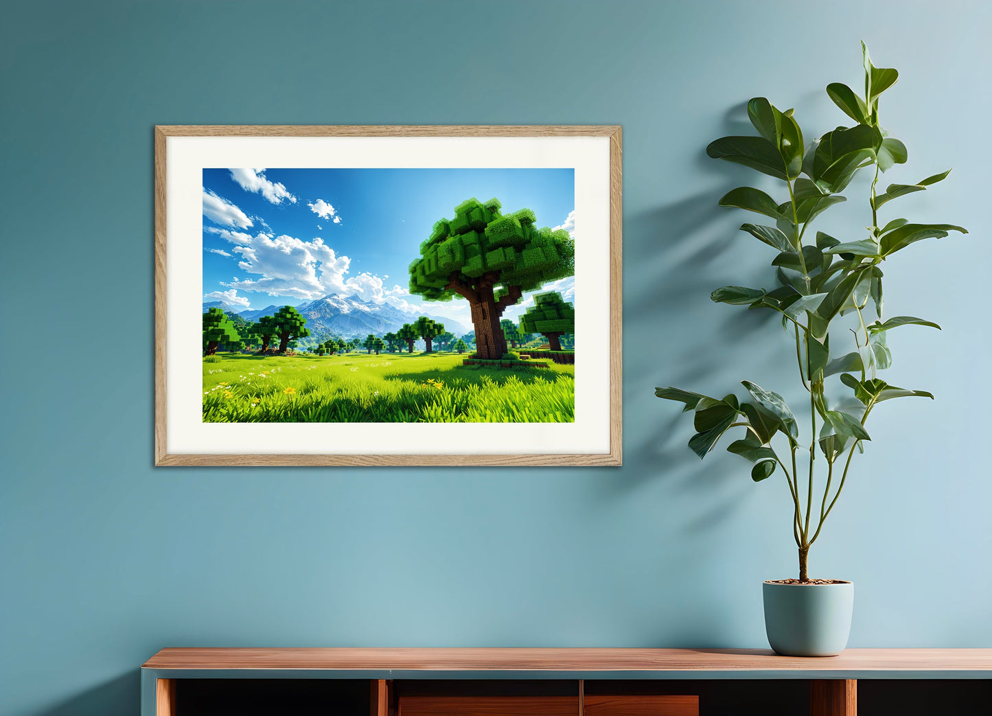 Poster with natural wood frame: Minecraft, beautiful landscape