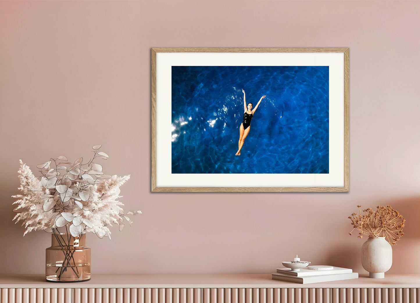 Poster with natural wood frame: A woman swimming in a pool, SPA poster, relaxation