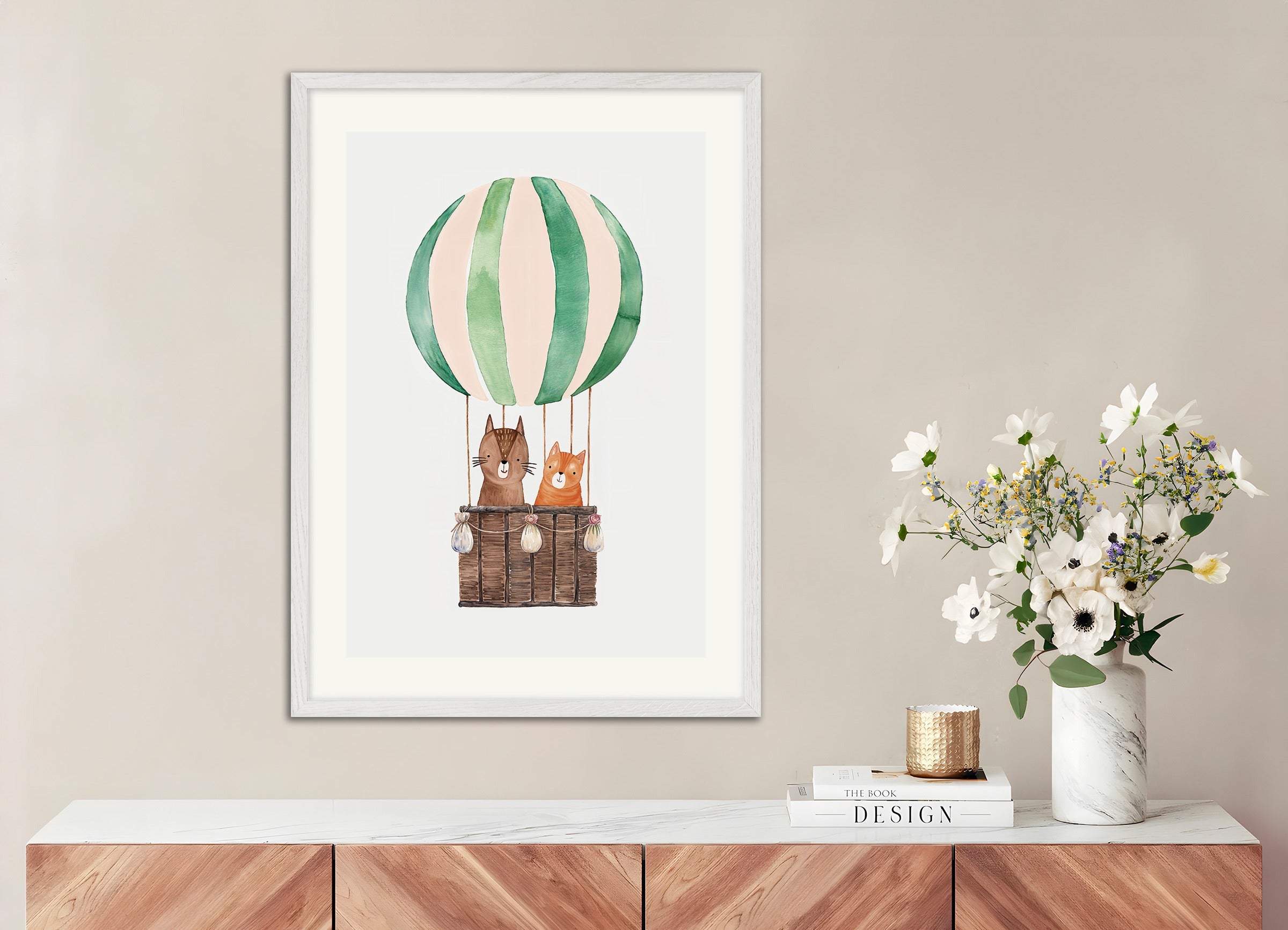 Poster with white wood frame: Two cats travel in a hot air balloon