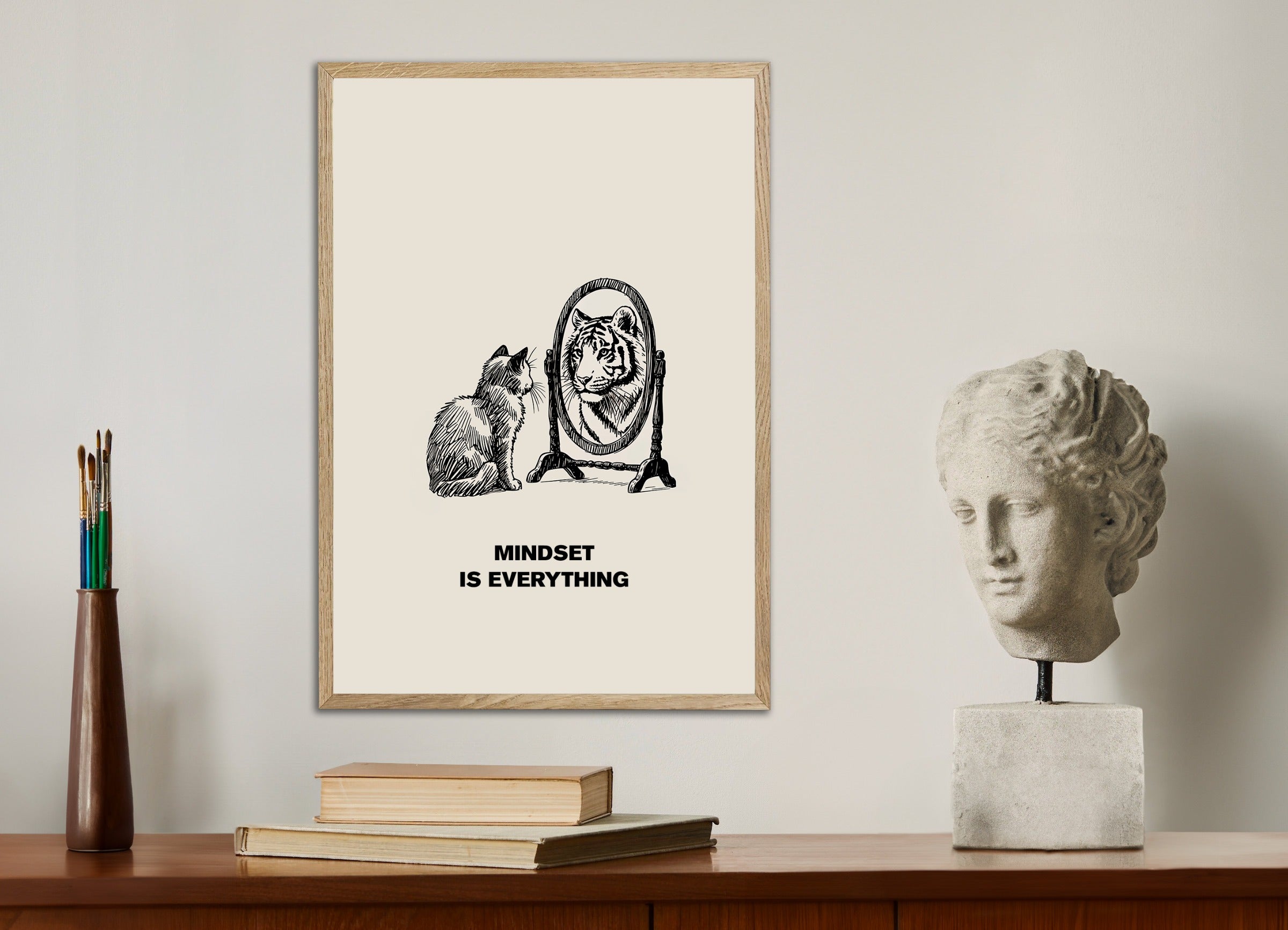 Poster with natural wood frame: Mindset is Everything - The Cat and the Tiger