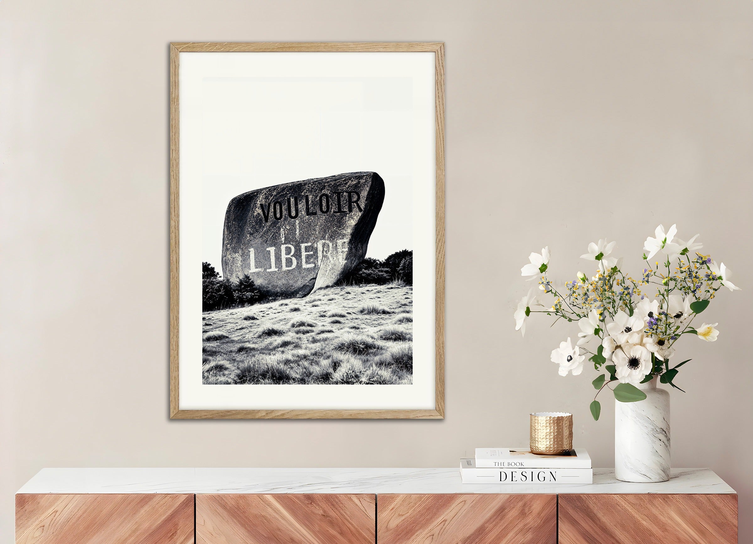 Poster with natural wood frame: Willing liberates, Nietzsche