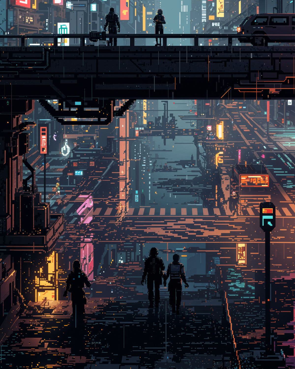En futuristisk cyberpunkby med silhuetter av fotgjengere som går under hevede gangveier og glødende neonskilt i blå, rosa, oransje og gule toner.