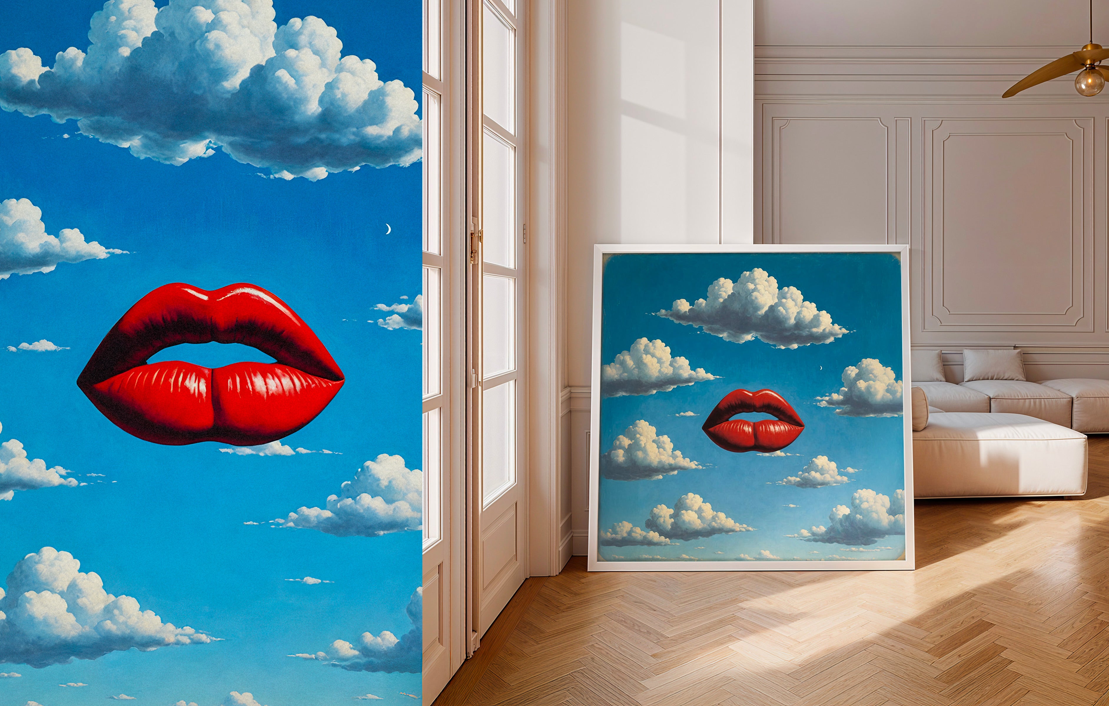 horizontal image of an art print of red lips in the sky, in a living room