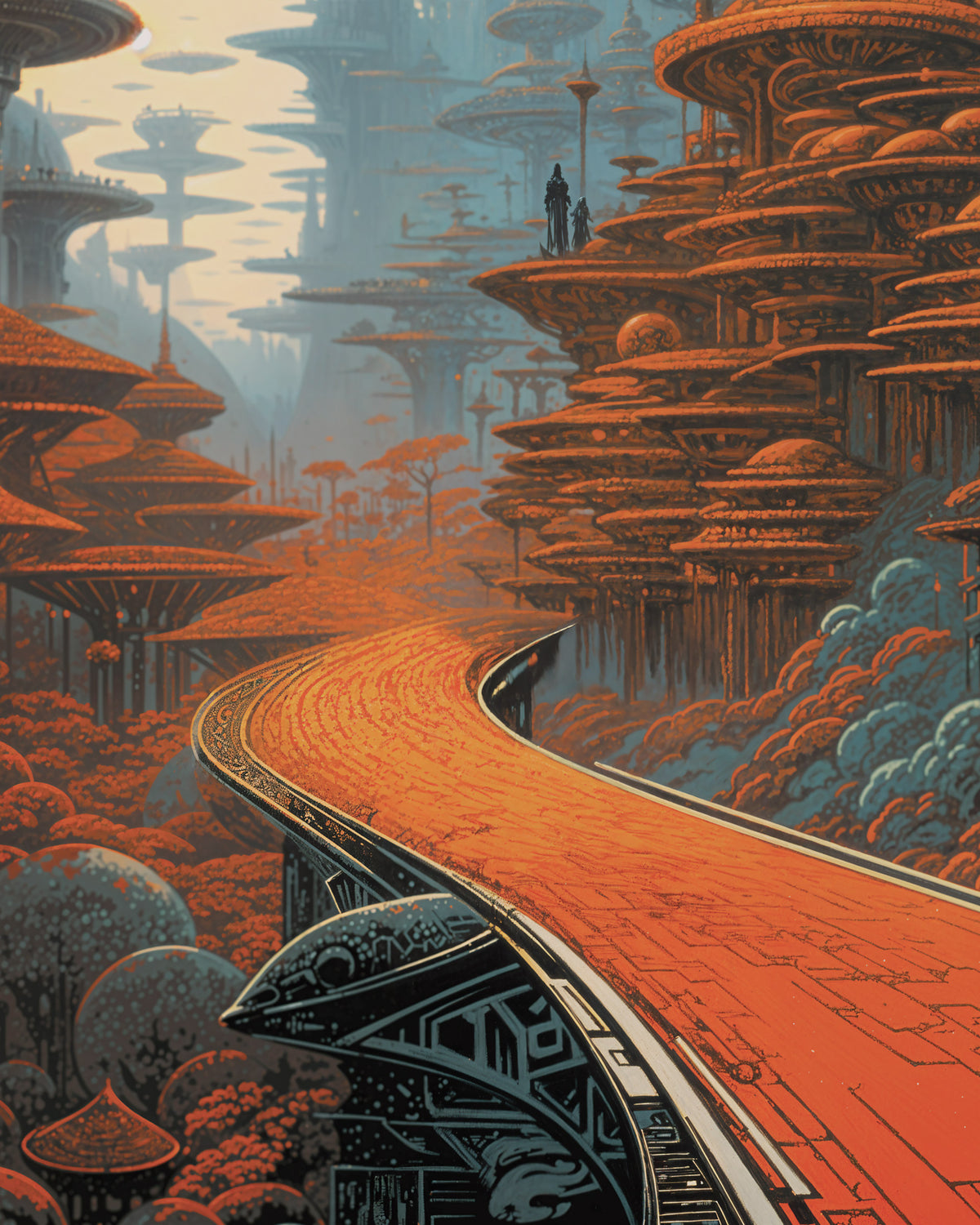 A stylized futuristic landscape artwork showing a curved orange road or platform winding through layered sci-fi structures and trees, with blue-gray foliage and a pale sky in the background.