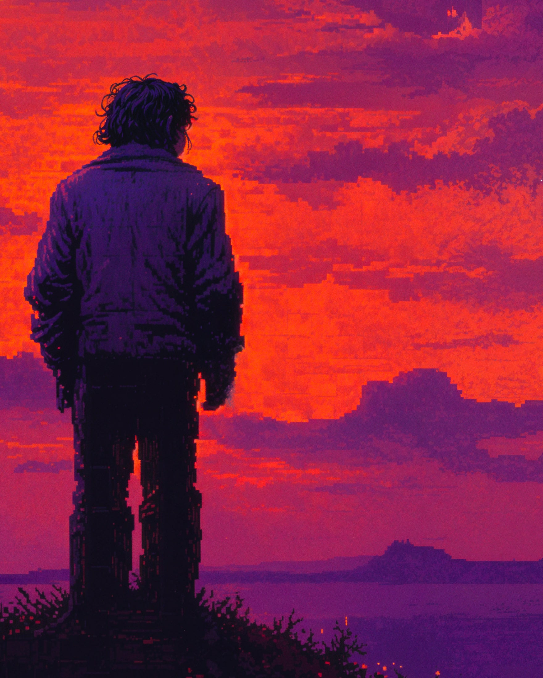 Videojuego retro, atardecer místico - Póster