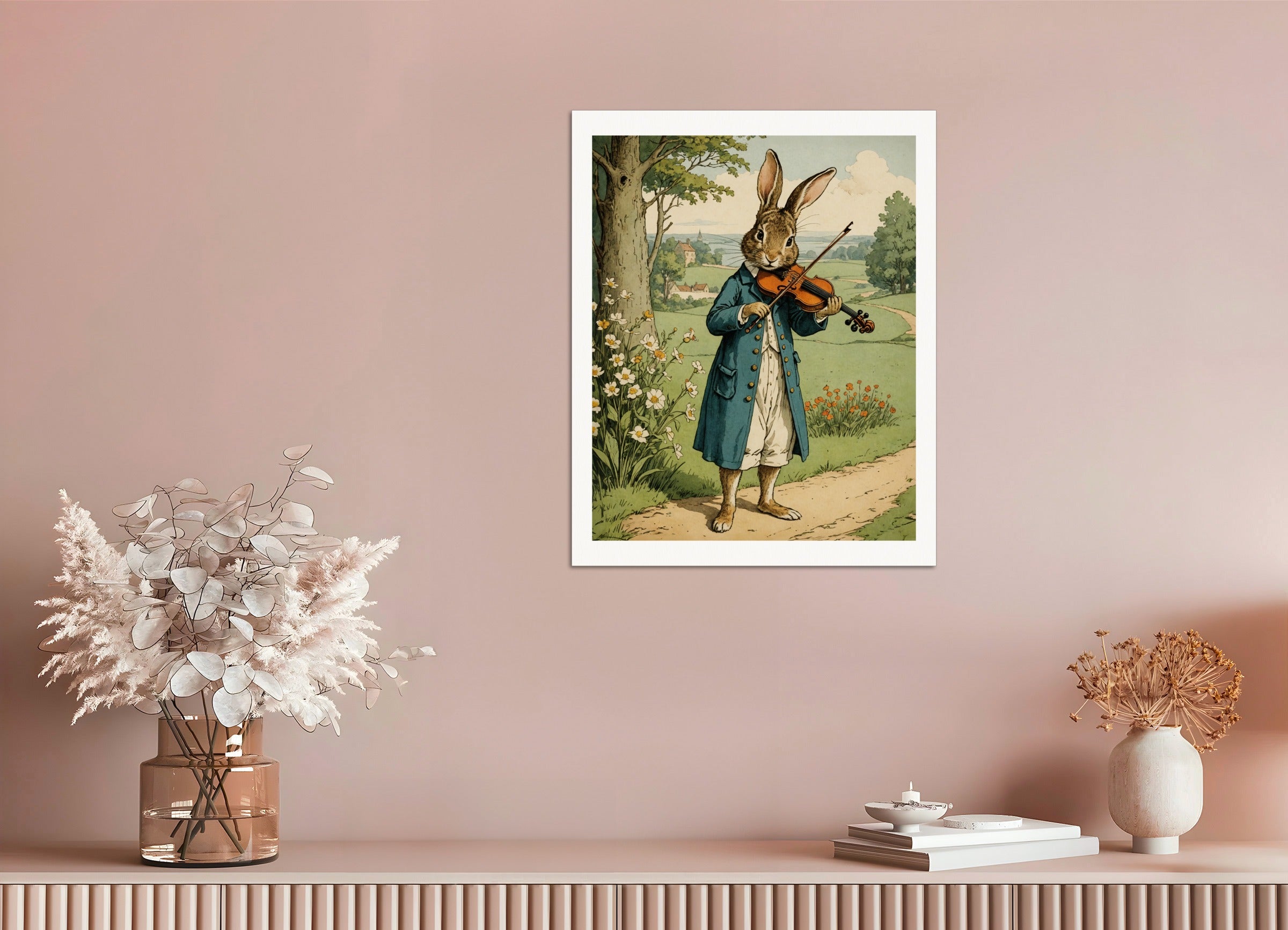 Poster: British illustrations, innocent and nostalgic childhood, rabbit playing the violin