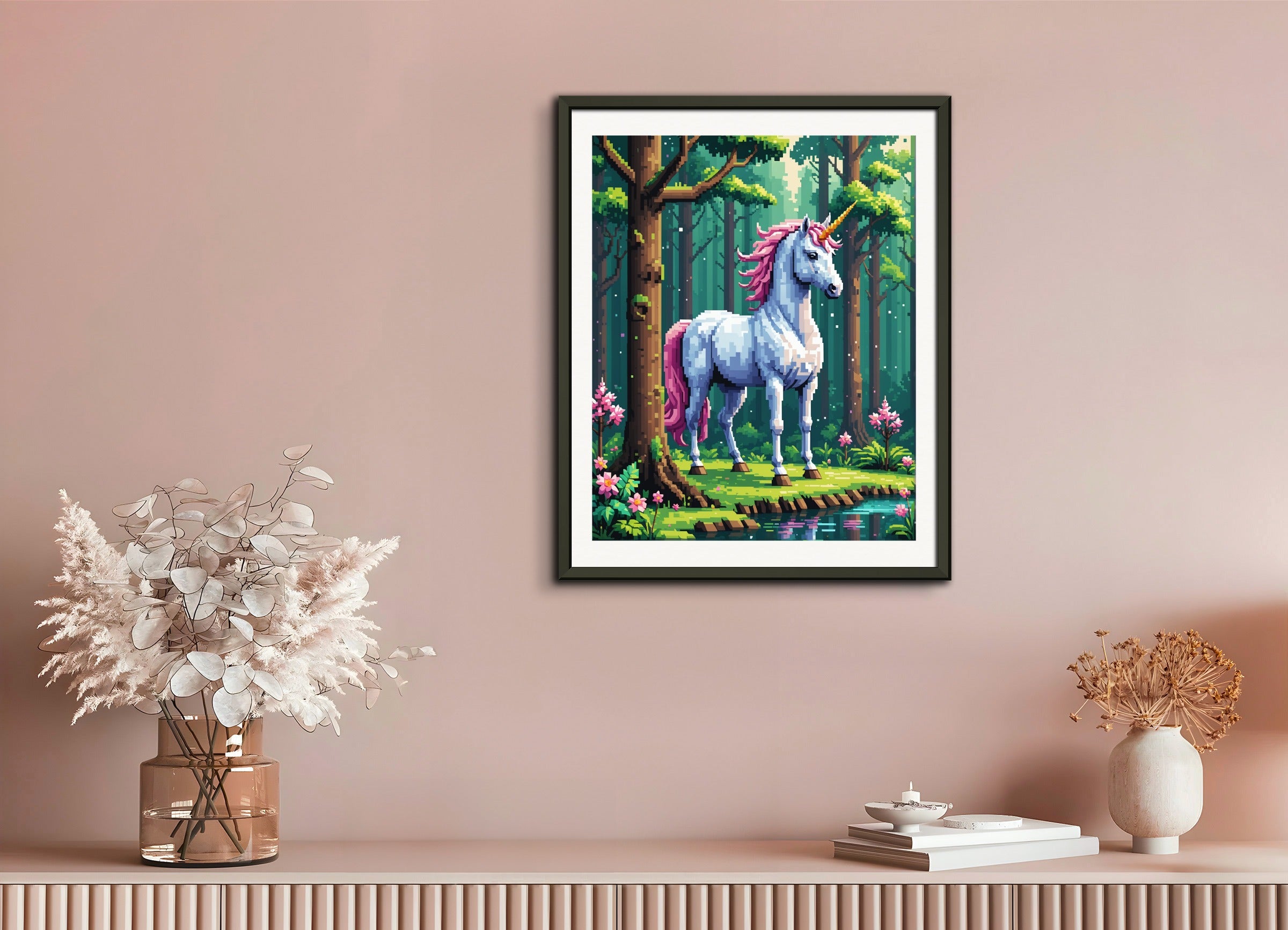 Poster with metal frame: Pixel Art, Unicorn in the magical forest