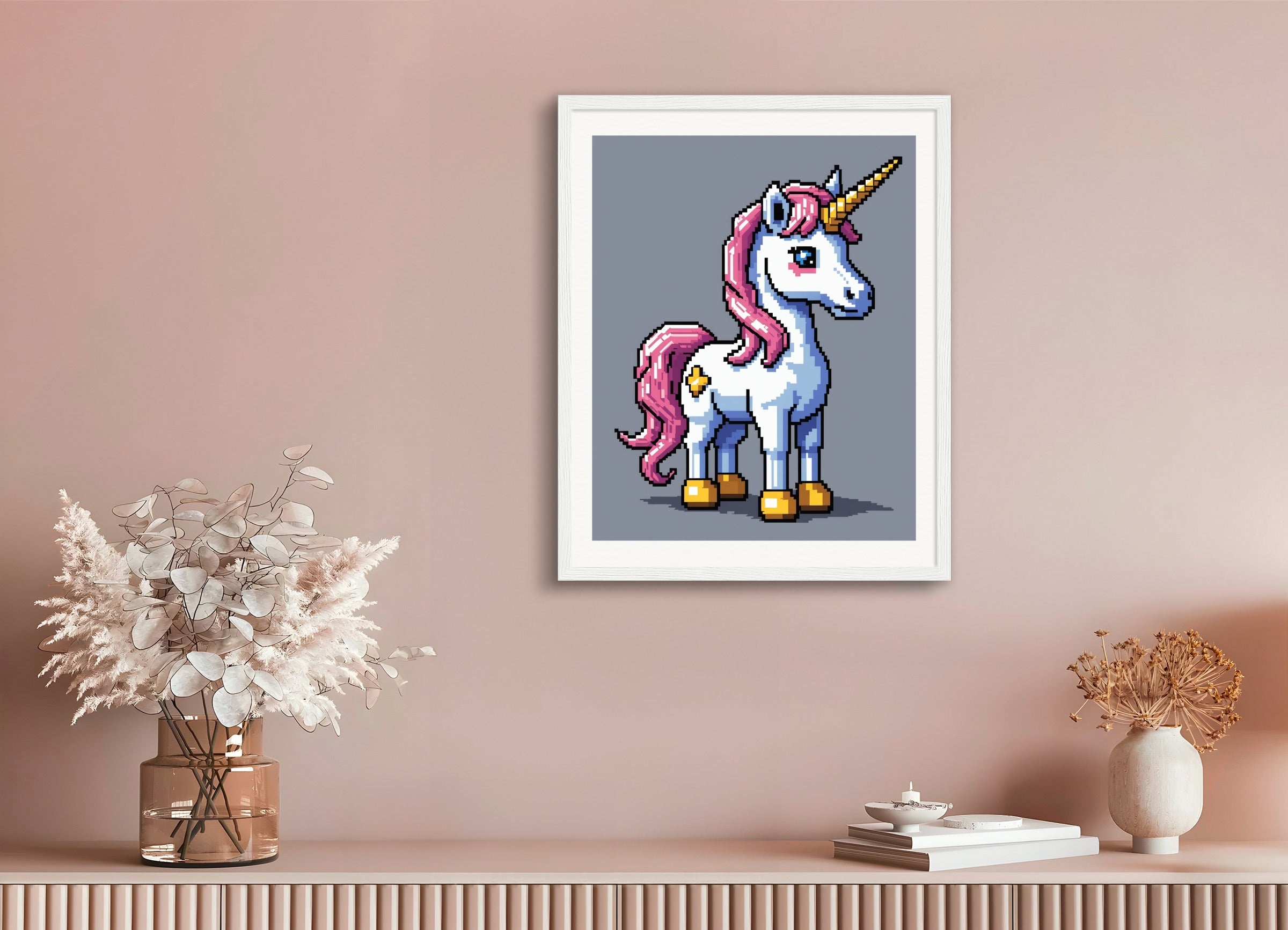 Poster with wood frame: Pixel Art, Unicorn