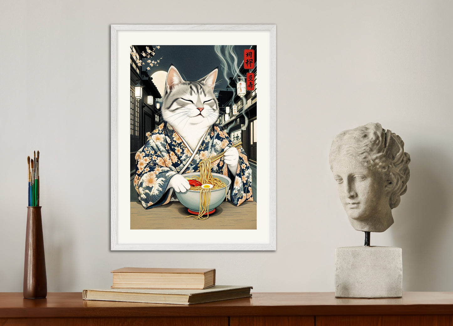 Poster with white wood frame: Delicious ramen, cat, asian restaurant