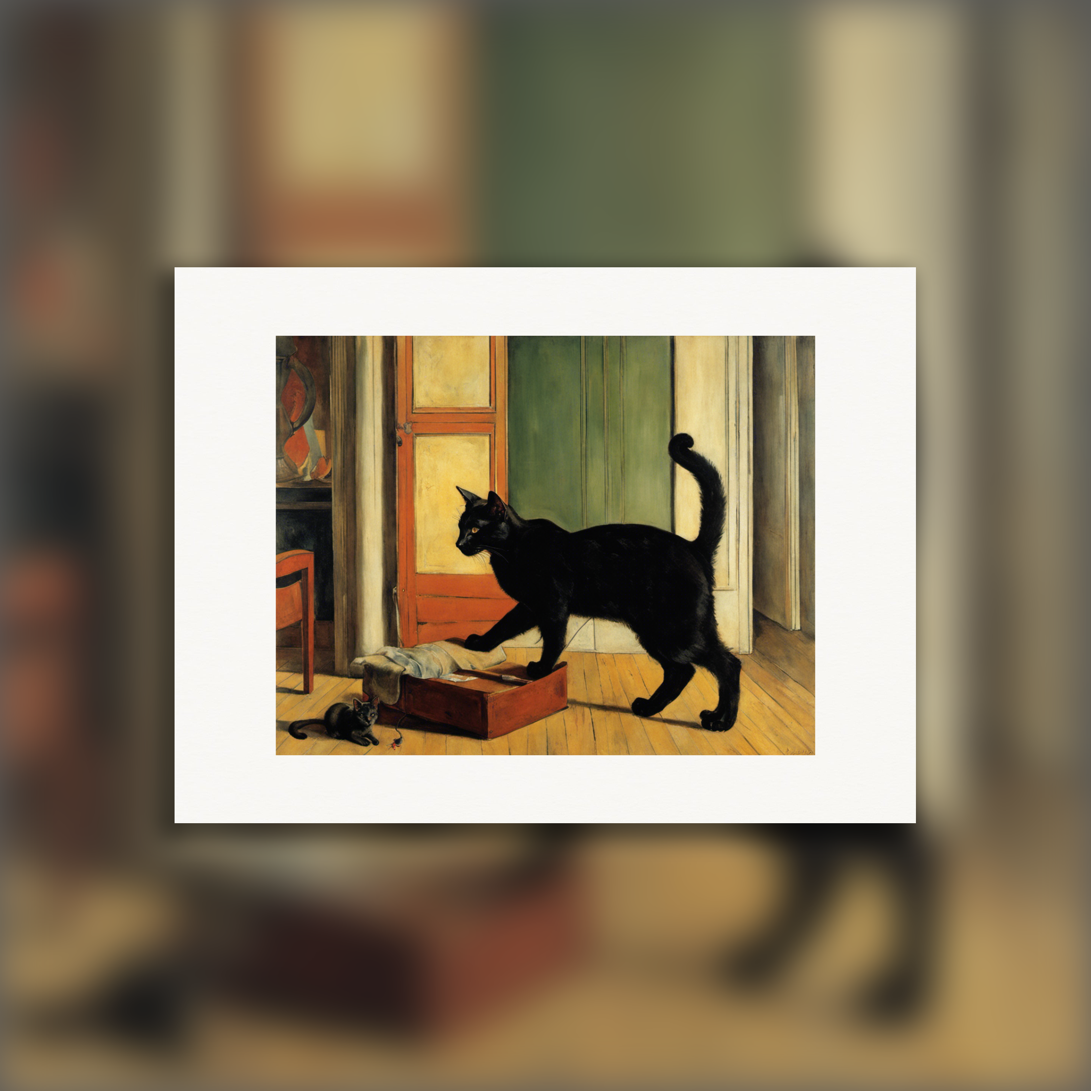 Peinture figurative française, un chat noir - Affiche