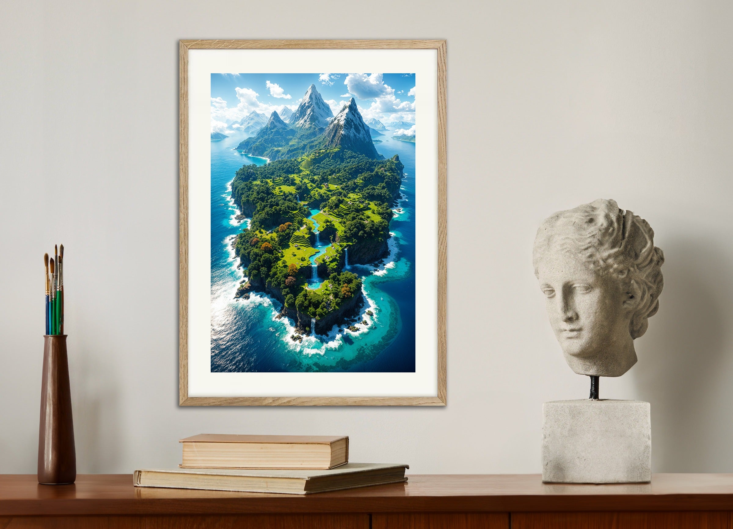 Poster with natural wood frame: Minecraft, beautiful island from above