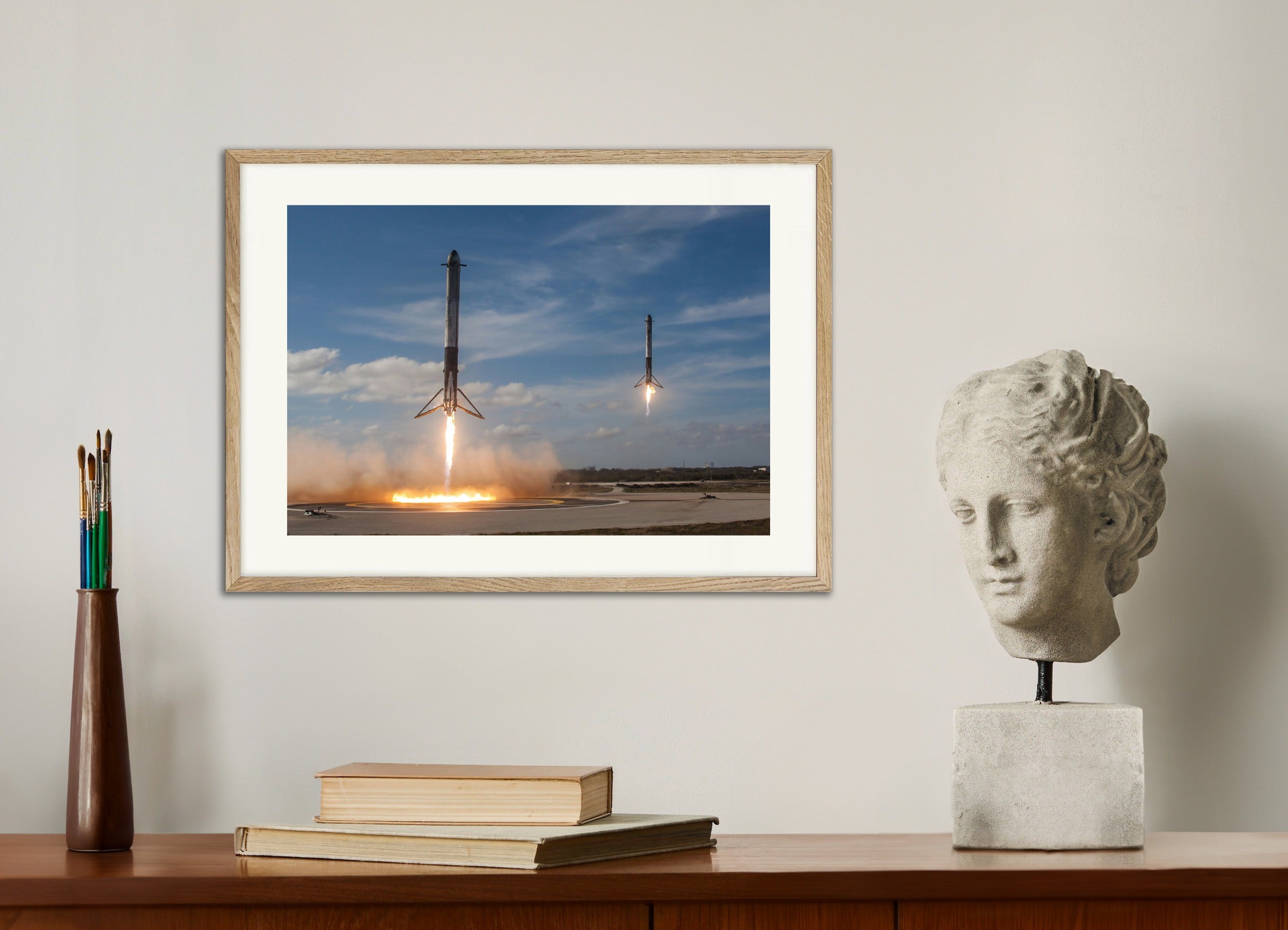 Poster with natural wood frame: SpaceX, two rockets landing