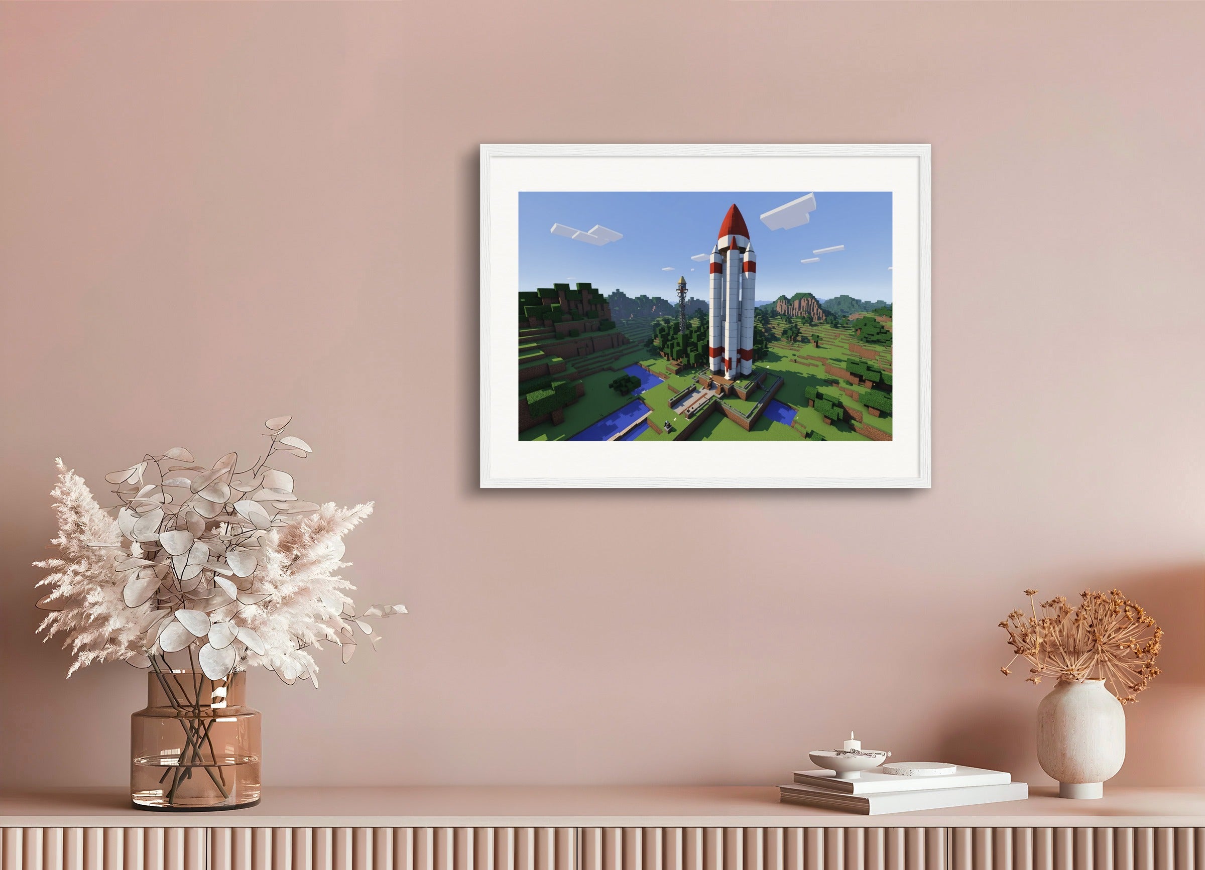 Poster with wood frame: Minecraft, Space rocket