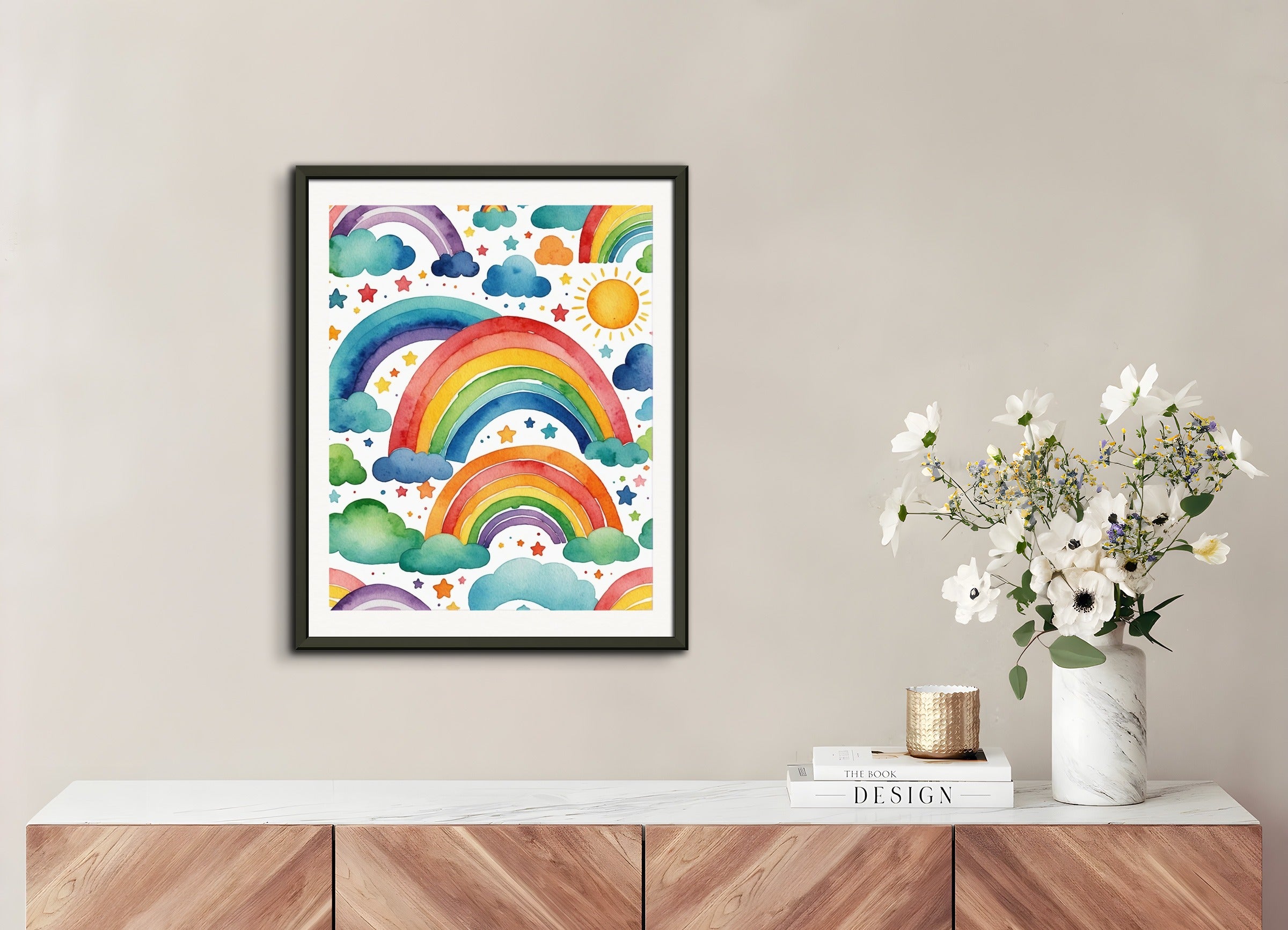 Poster with metal frame: Childish watercolor, rainbow on white background