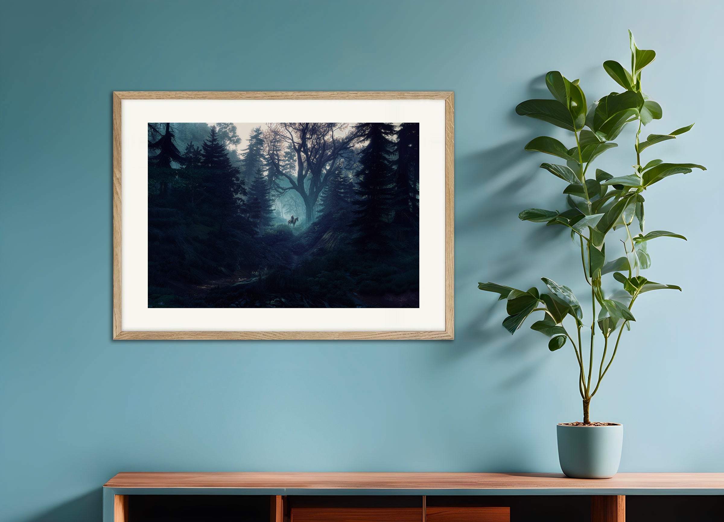 Poster with natural wood frame: The Witcher, dark forest, fan art