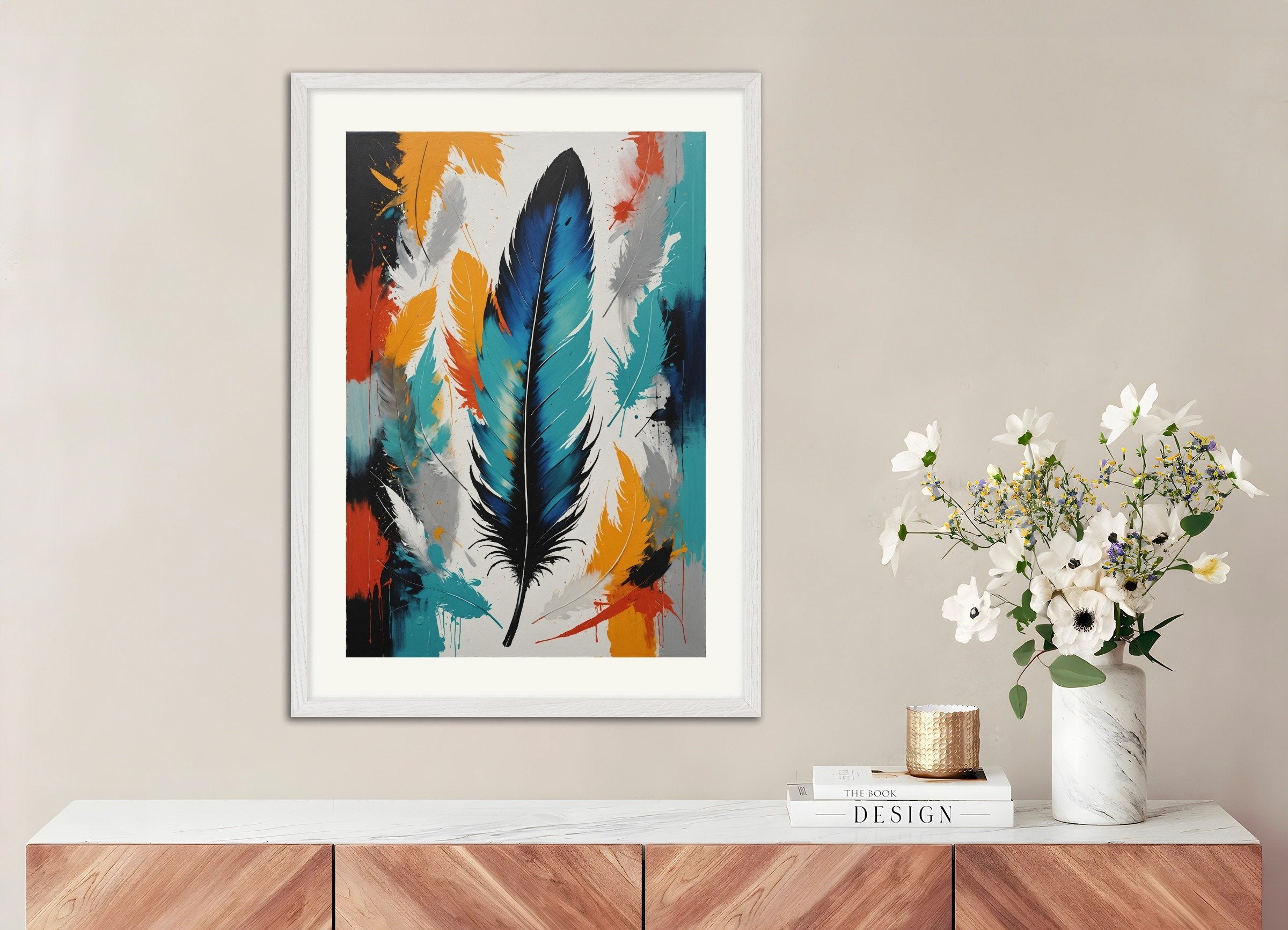 Poster of Abstract painting, with white wooden frame