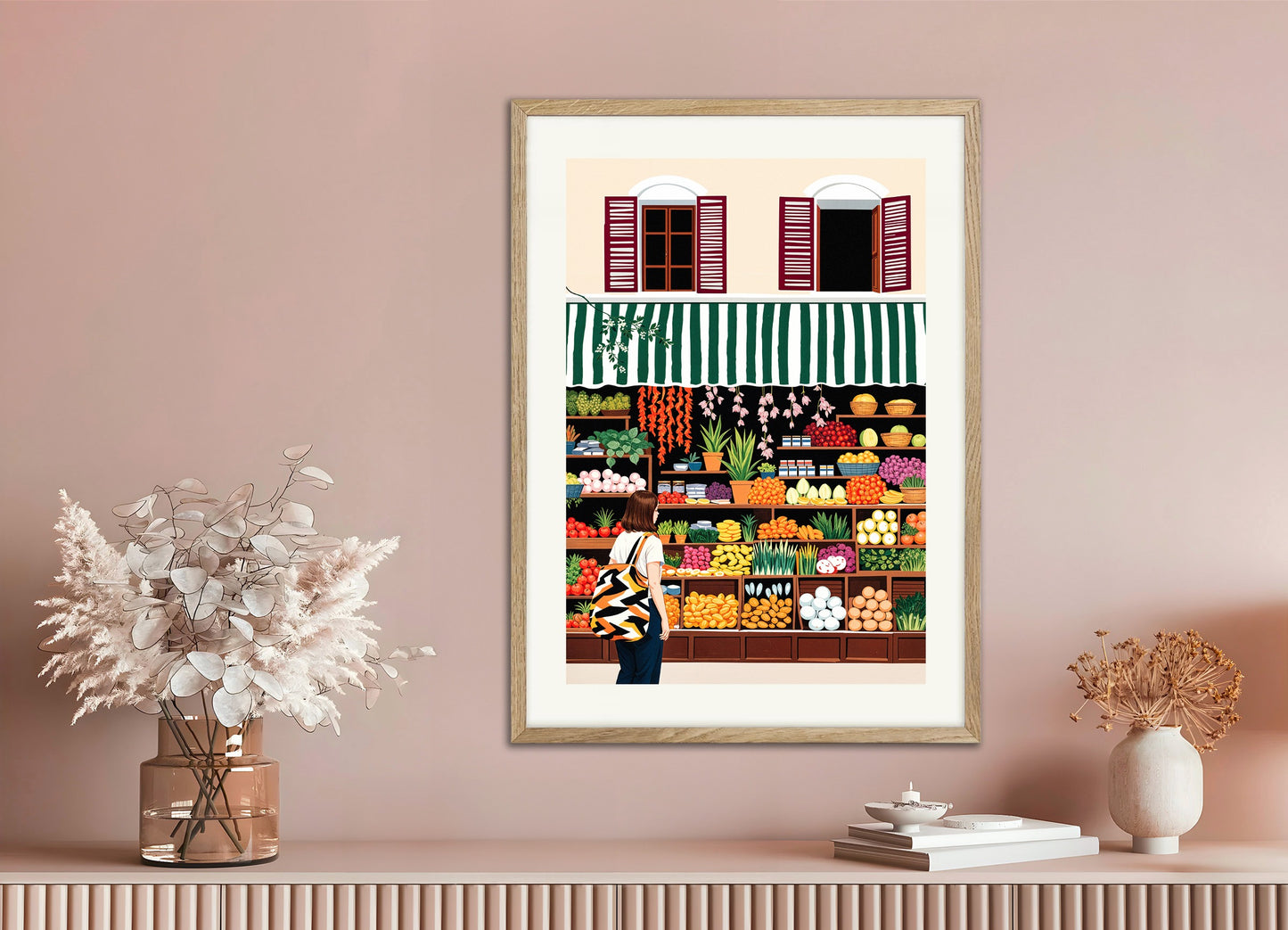 Poster with natural wood frame: Groceries, fruits, vegetables and flowers