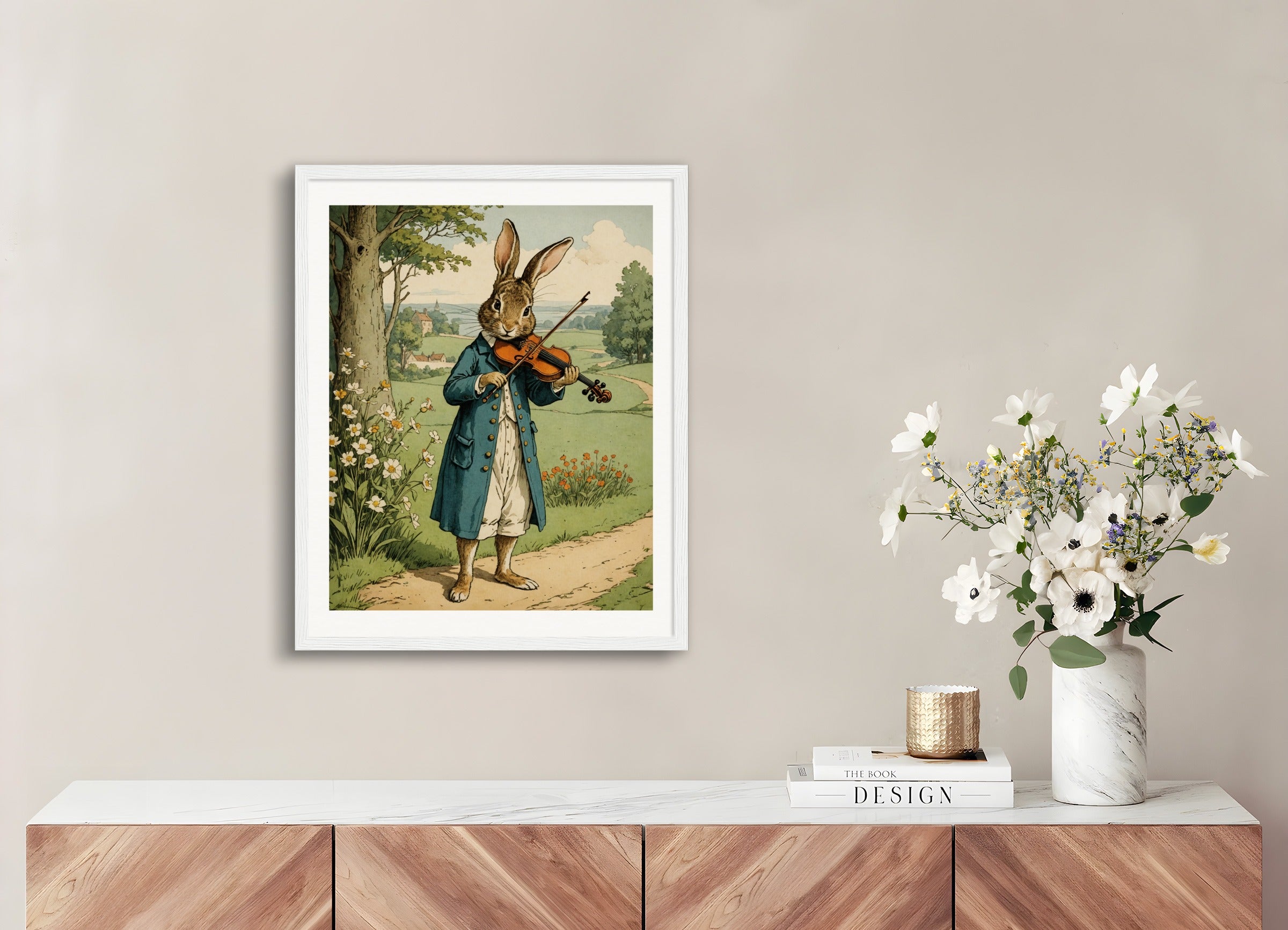 Poster with wood frame: British illustrations, innocent and nostalgic childhood, rabbit playing the violin