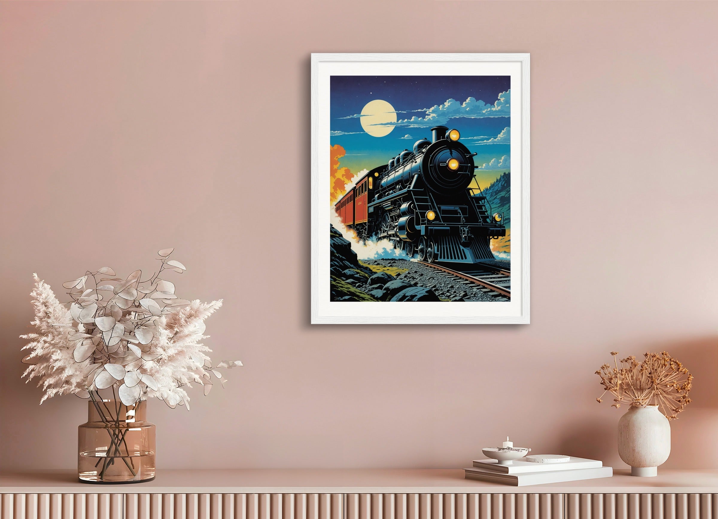 Poster with wood frame: French science fiction comics, dreamlike and psychedelic landscapes, Train