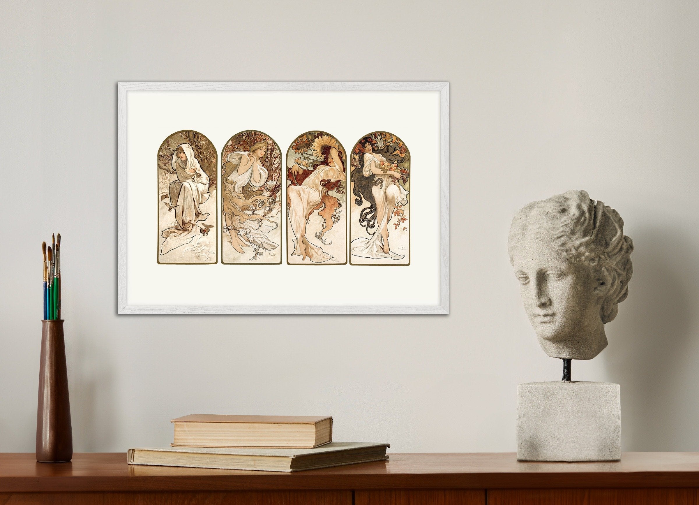 Poster of Alfons Mucha - The Seasons (1897), with white wooden frame