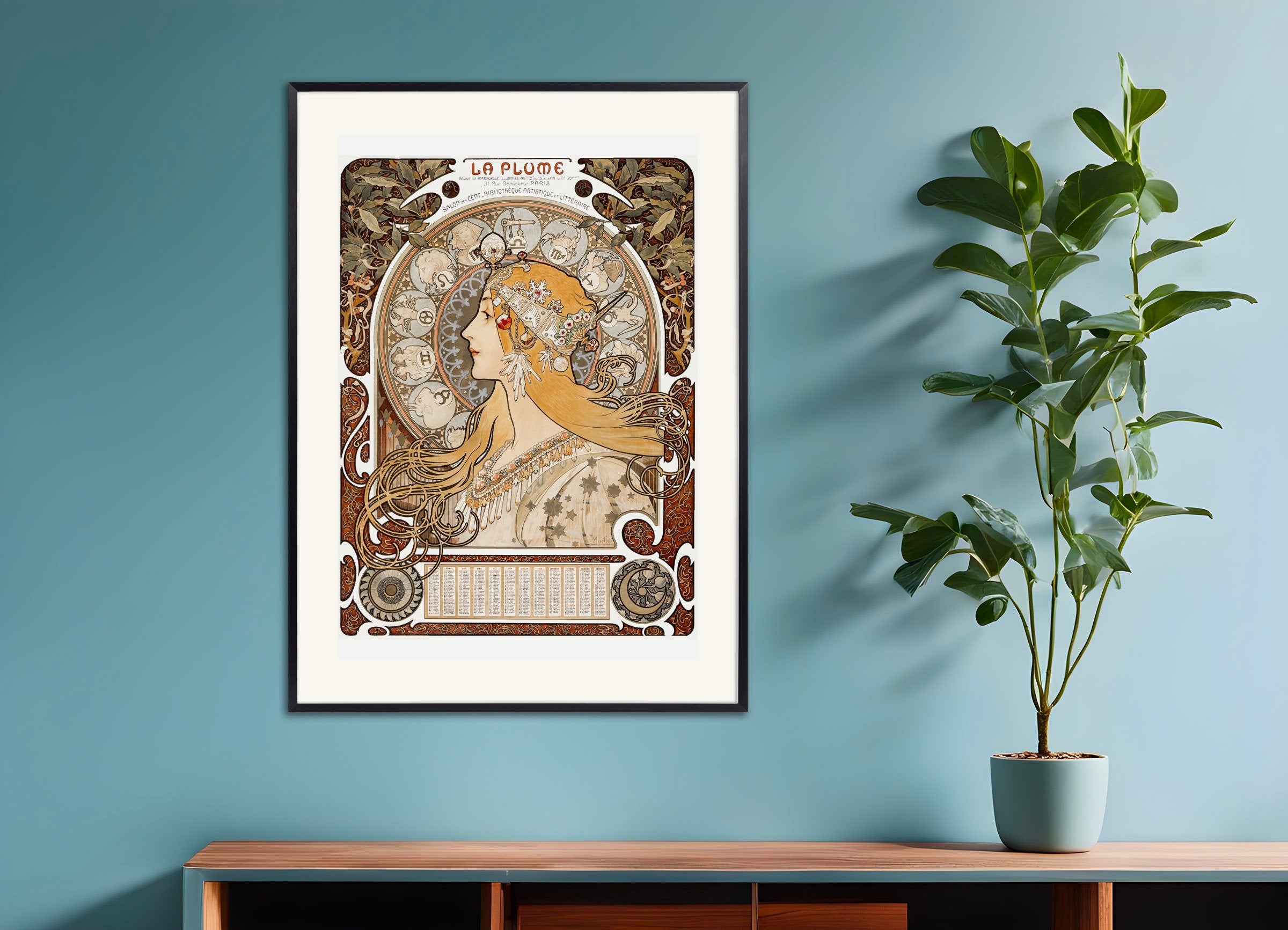 Poster of Alfons Mucha Zodiaque or La Plume (ca. 1896–1897), with metal frame